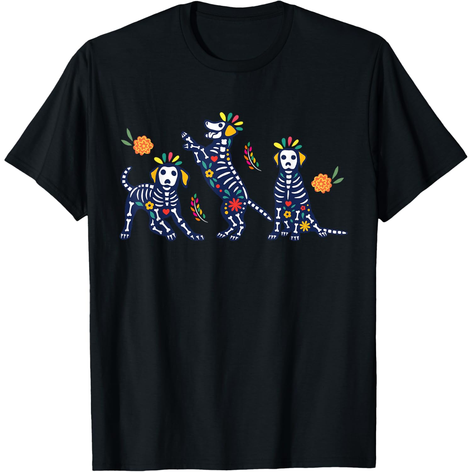 Day of The Dead Colorful Skeleton Dogs Mexican Halloween T-Shirt