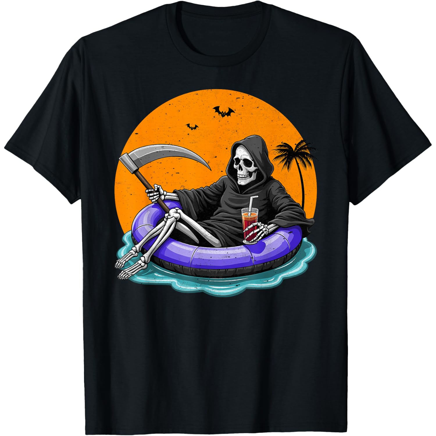 Death On Vacation Funny Halloween Skeleton On A Pool Float T-Shirt