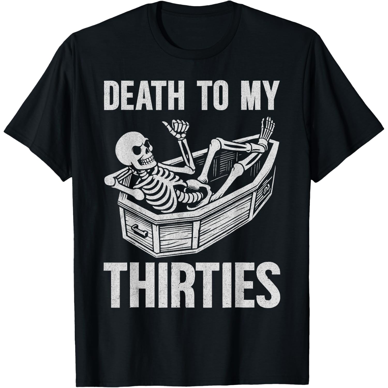 Death to my 30s, 40th birthday skeleton in coffin Halloween T-Shirt