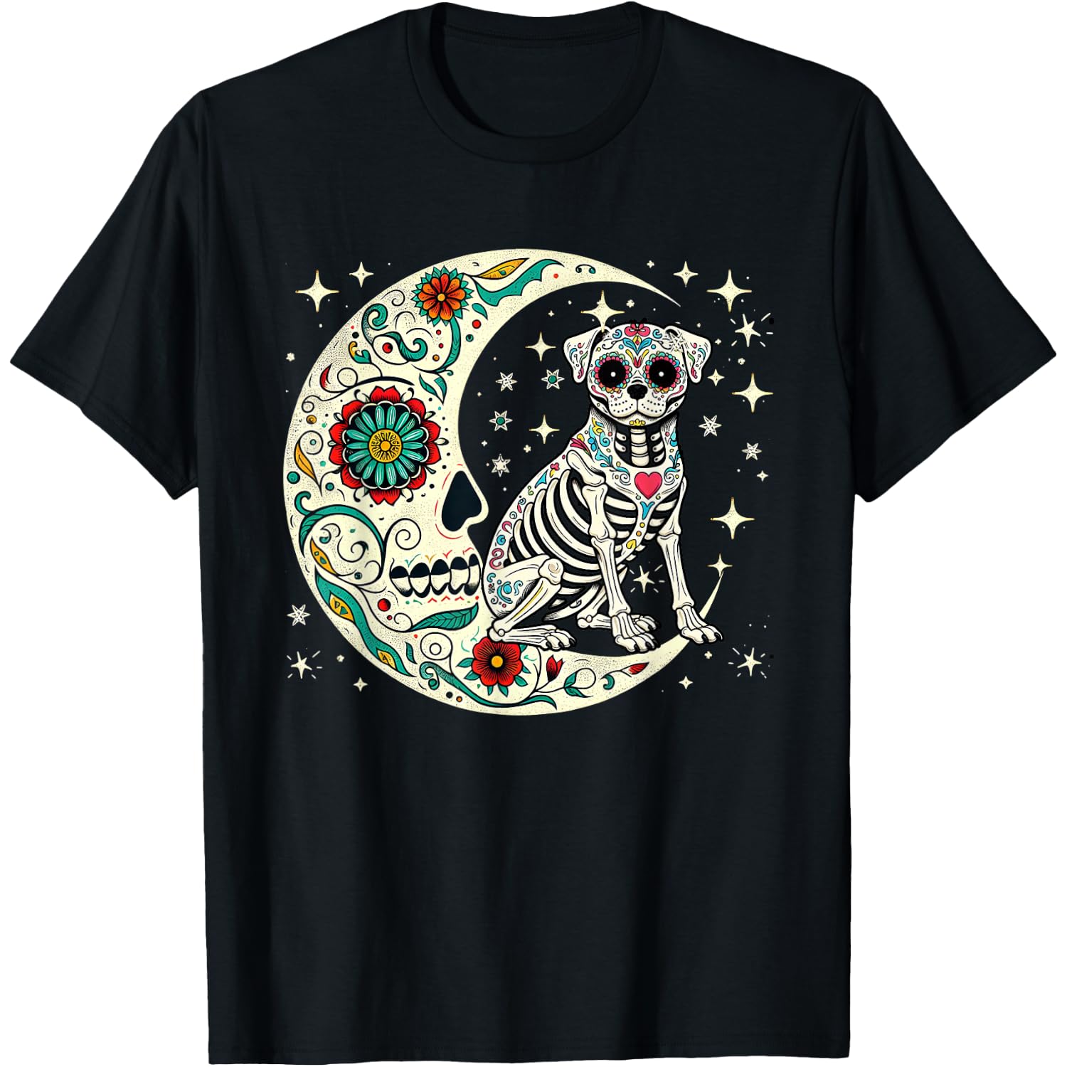 Dia De Los Muertos Halloween Moon Floral Skeleton Pug T-Shirt