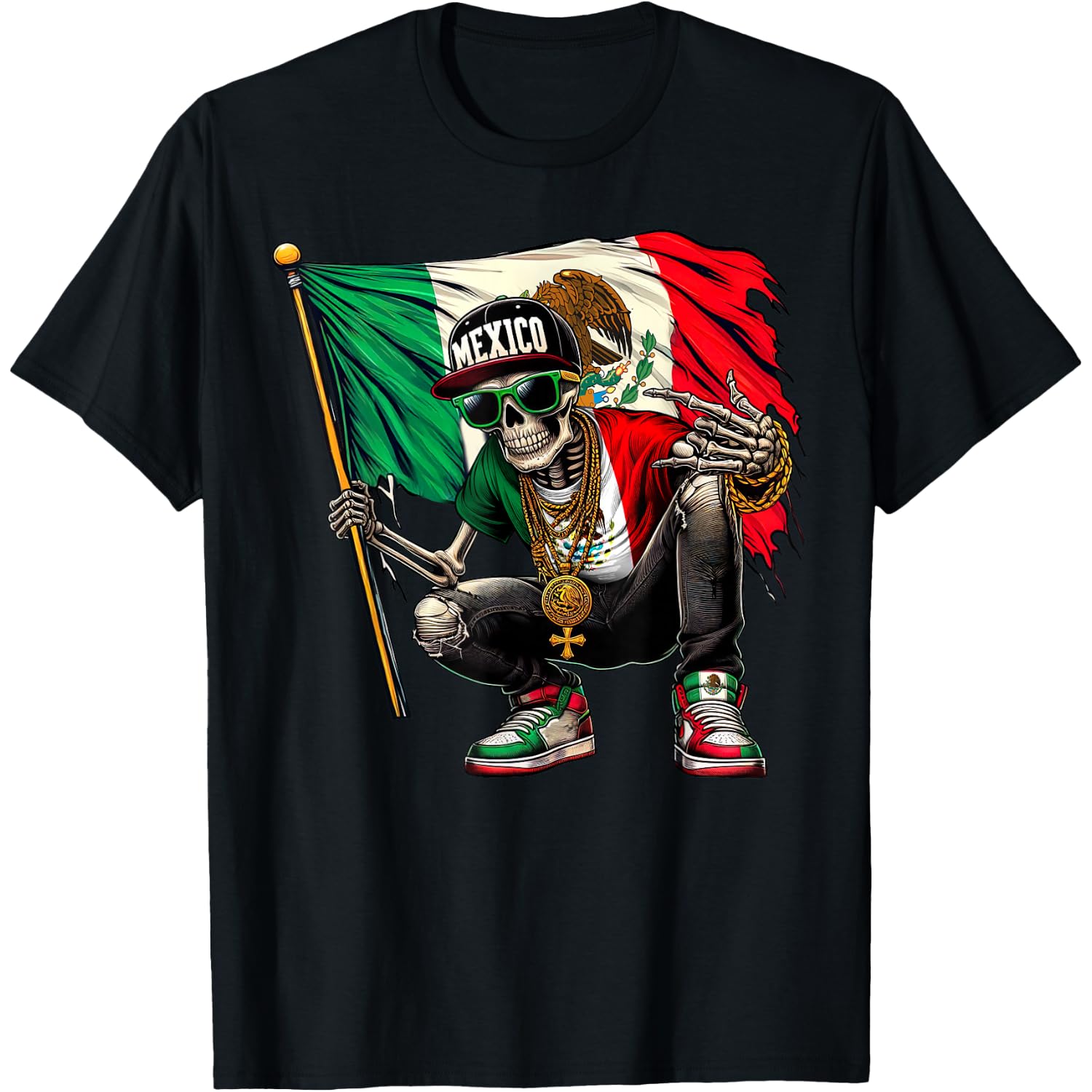 Distressed Mexico Flag Skull Rock Skeleton Shirts Men Boys T-Shirt