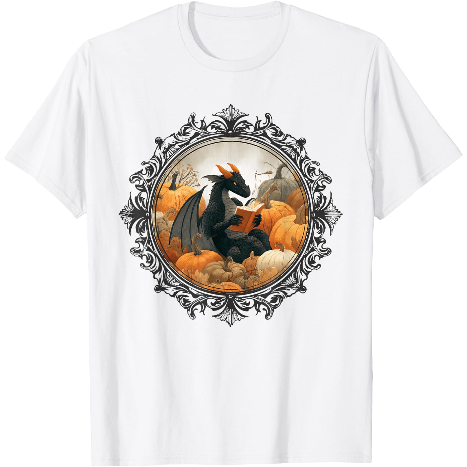 Dragon Reading Books with Fall Pumpkin Fantasy Theme T-Shirt