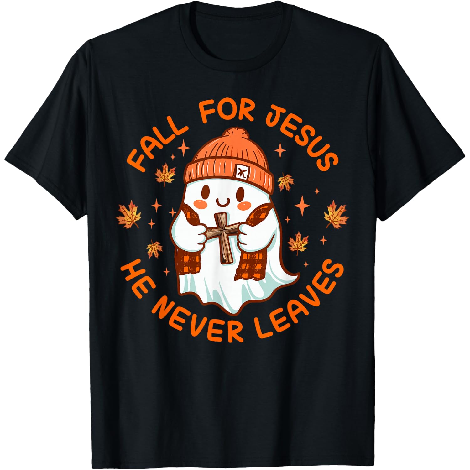 Fall for Jesus He Never Leave Cute Ghost Retro Halloween T-Shirt