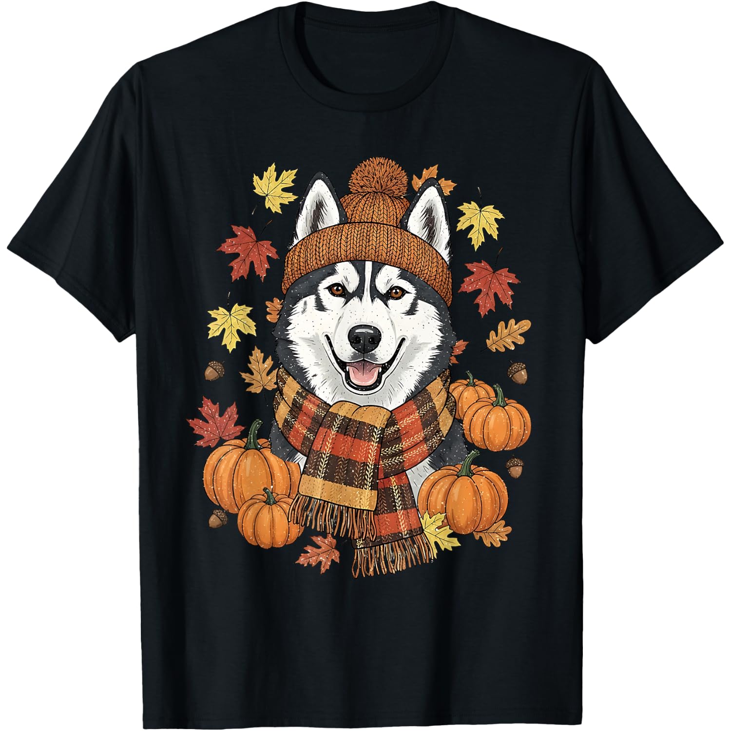 Fall Husky Pumpkins Leaves Autumn Fall Season Halloween T-Shirt