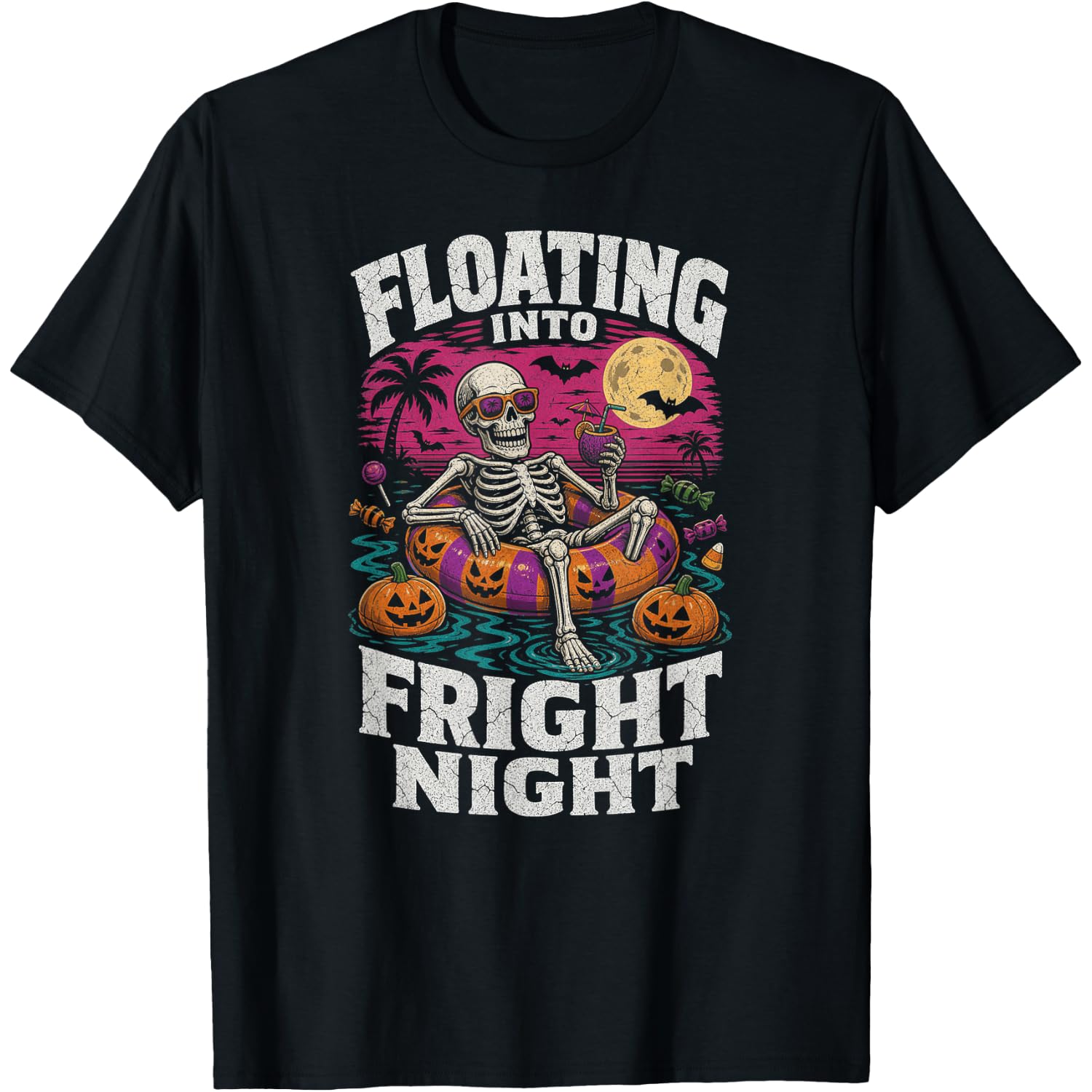 Floating Into Fright Night Skeleton Halloween T-Shirt