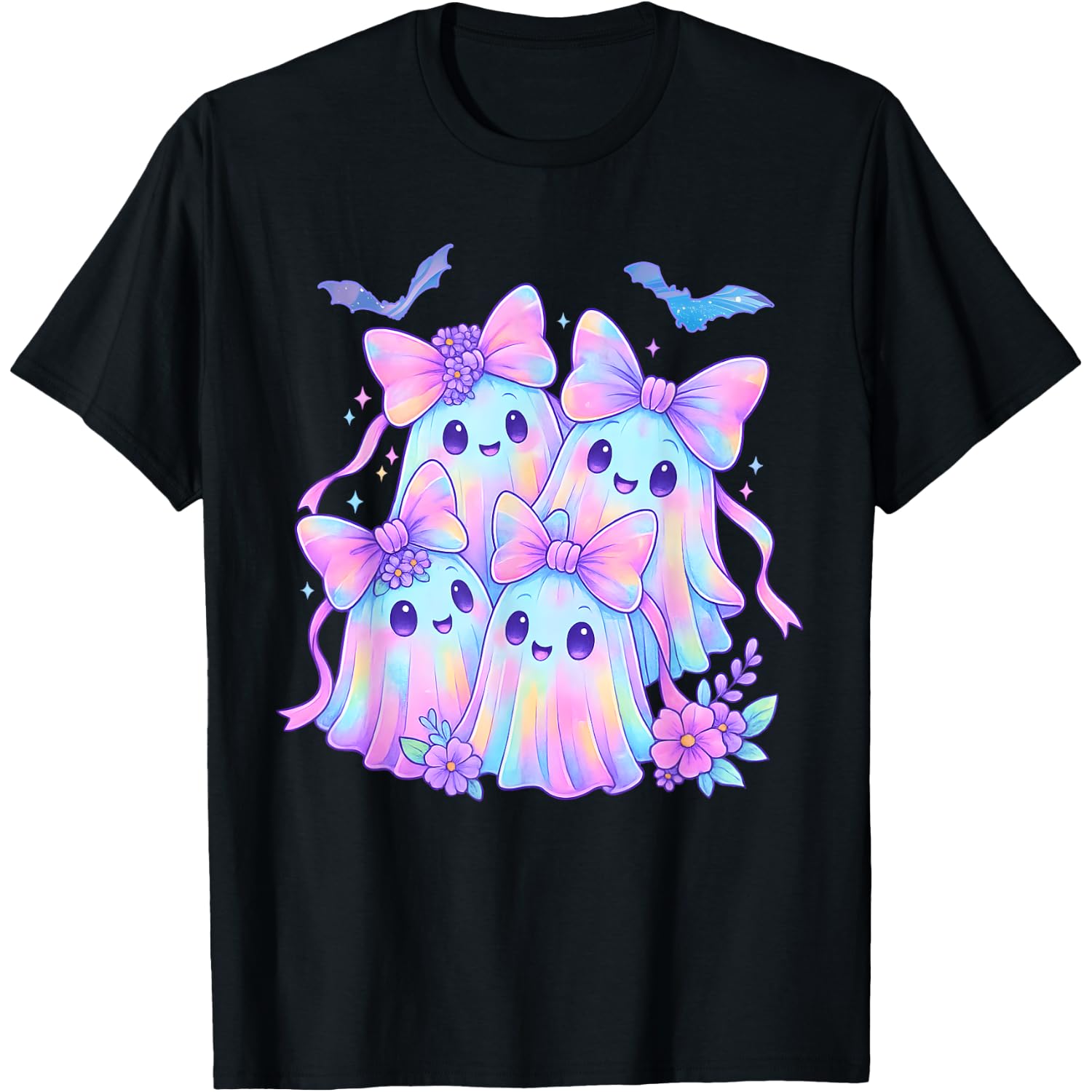 Floral Colorful Ghosts Boo Coquette Bow Spooky Halloween T-Shirt