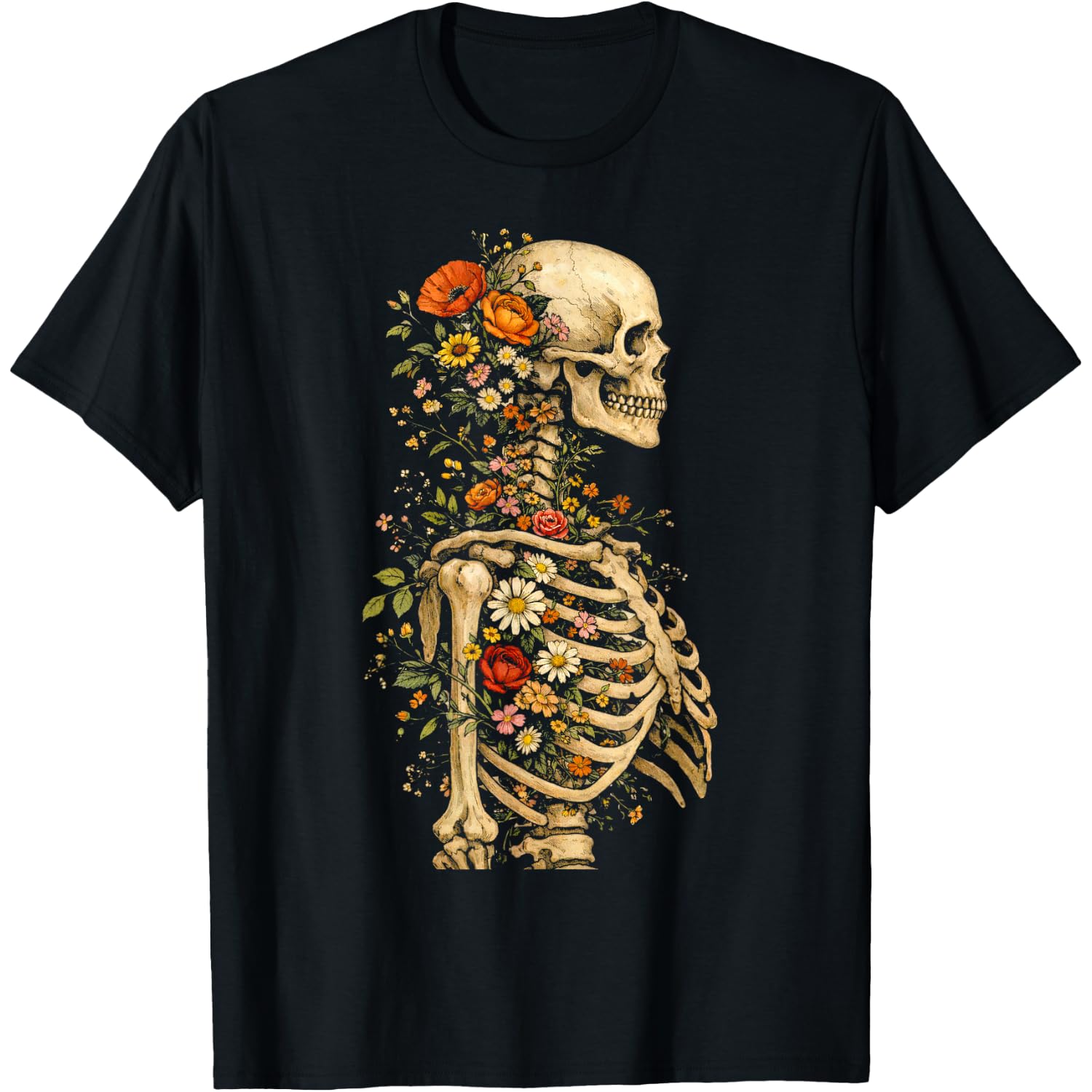 Floral Skeleton Gothic Dark Aesthetic Art Wildflowers Goth T-Shirt