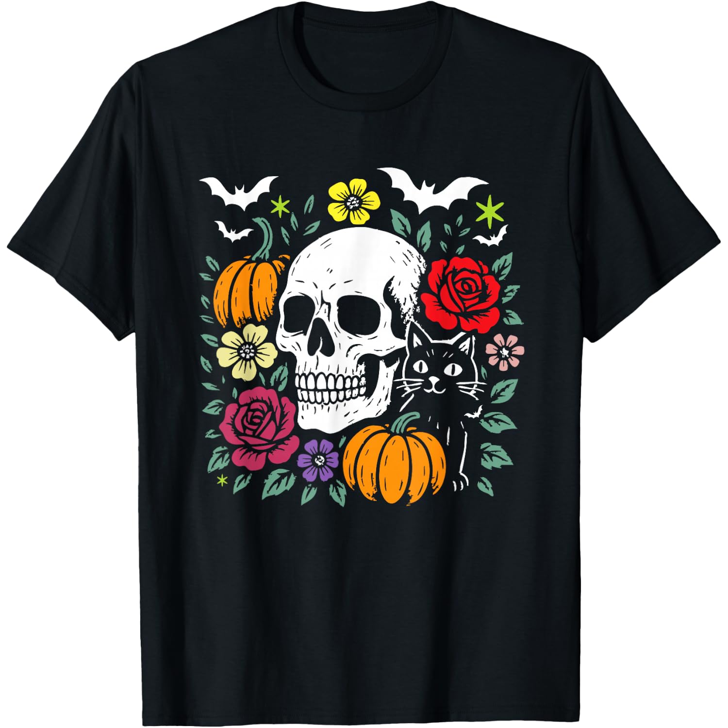 Floral Skeleton Skull and cat for Halloween Spooky Season, T-Shirt