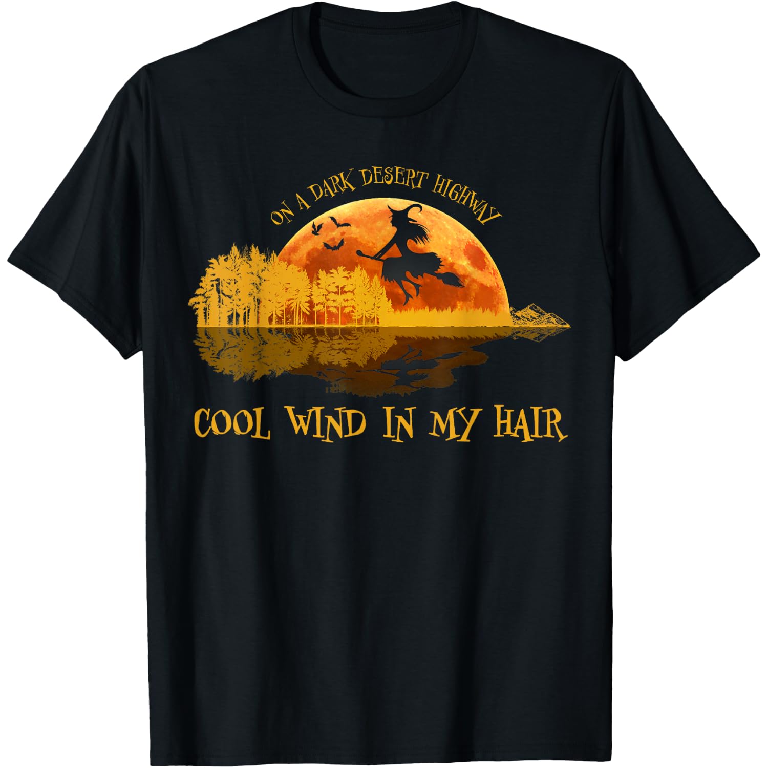 Flying Witch Riding Her Broom On A Desert Highways Halloween T-Shirt