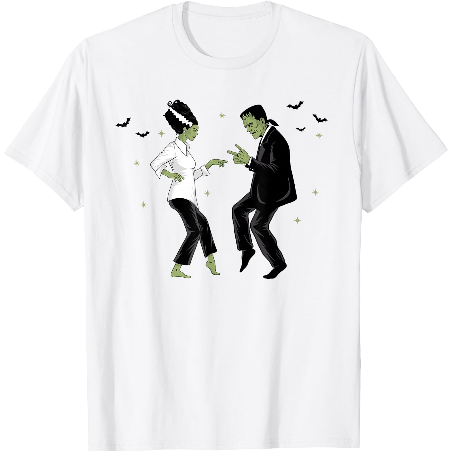 Frankenstein and Bride Dancing 90's Retro Halloween Monster T-Shirt