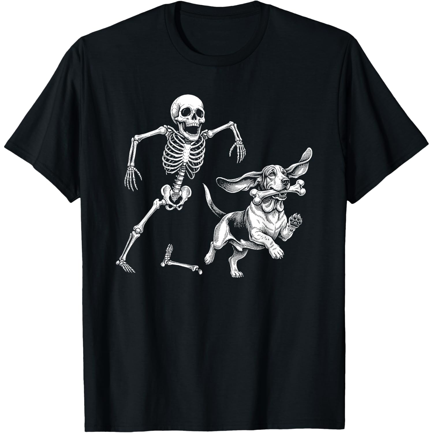 Funny Basset Hound with Skeleton Bone Halloween Dog Lover T-Shirt