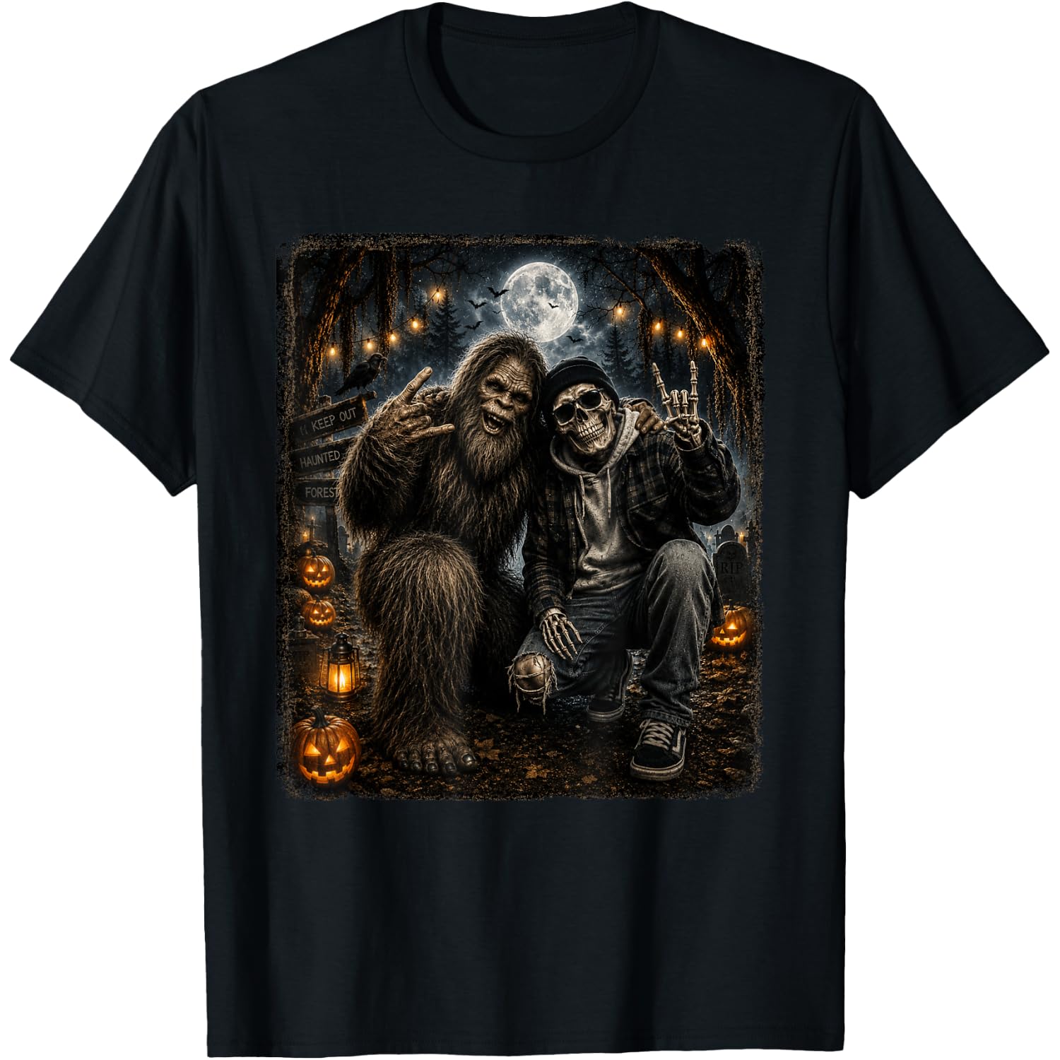 Funny Bigfoot Skeleton Halloween Rock Pumpkin Sasquatch Moon T-Shirt
