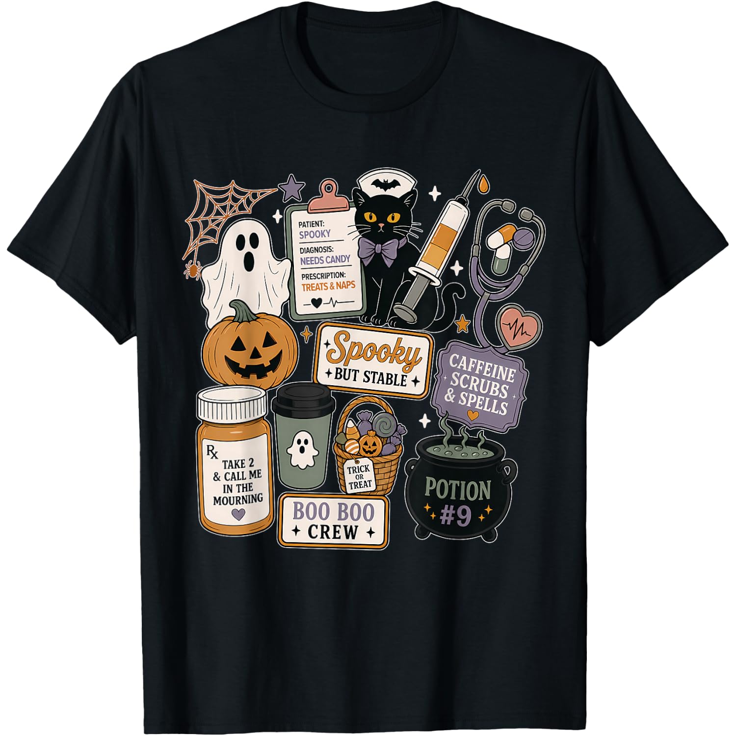 Funny Black Cat Kitten Boo Boo Crew Nurse Doodles Halloween T-Shirt
