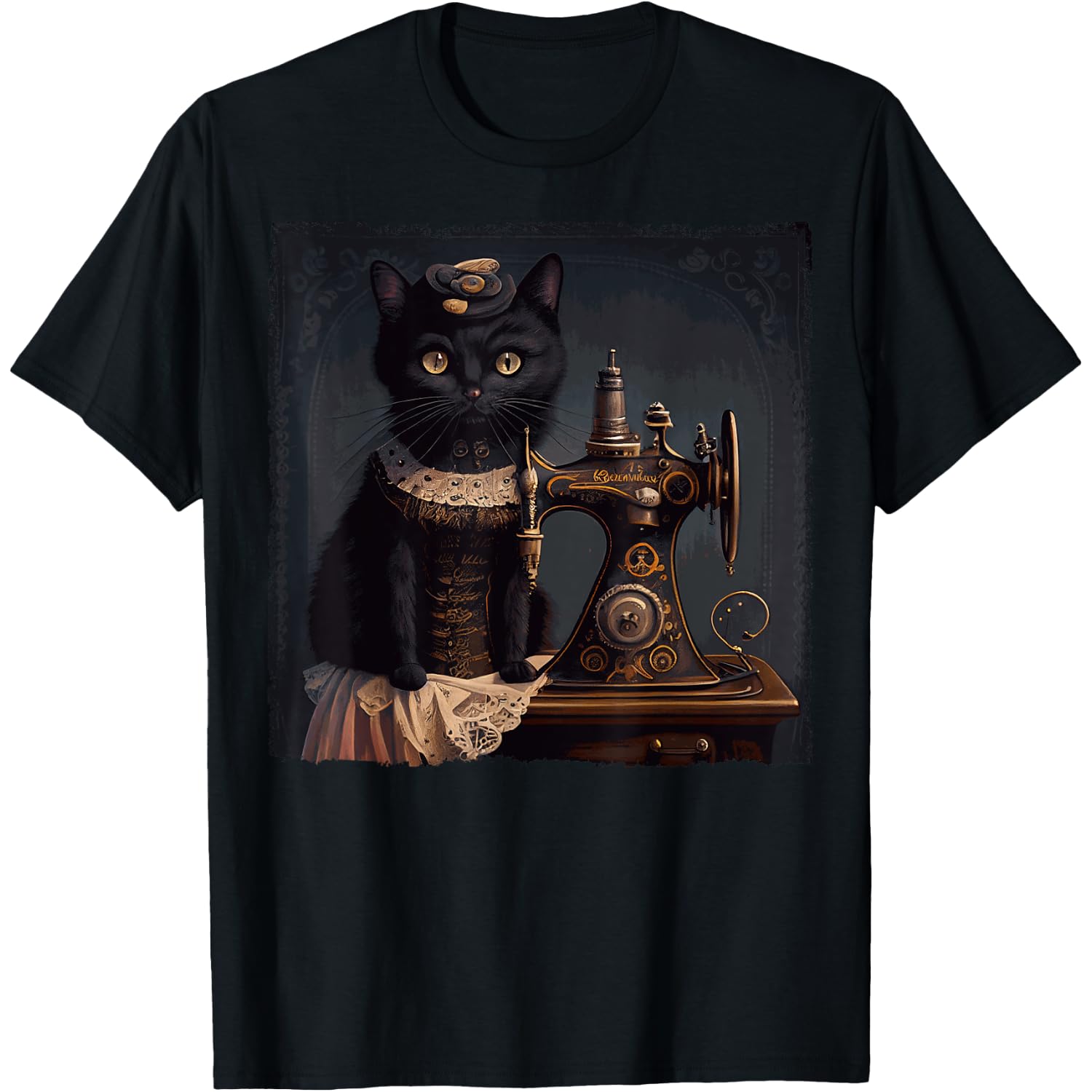 Funny Black Cat Sewing Steampunk T-Shirt