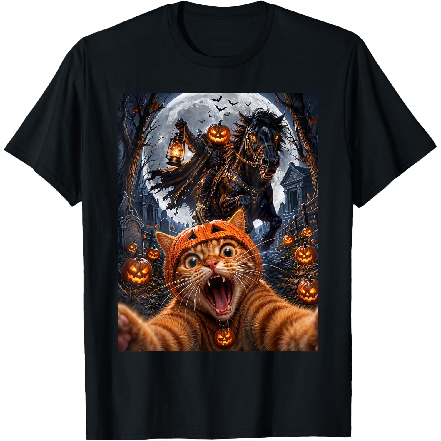 Funny Cat Pumpkin Selfie Headless Horseman Halloween T-Shirt