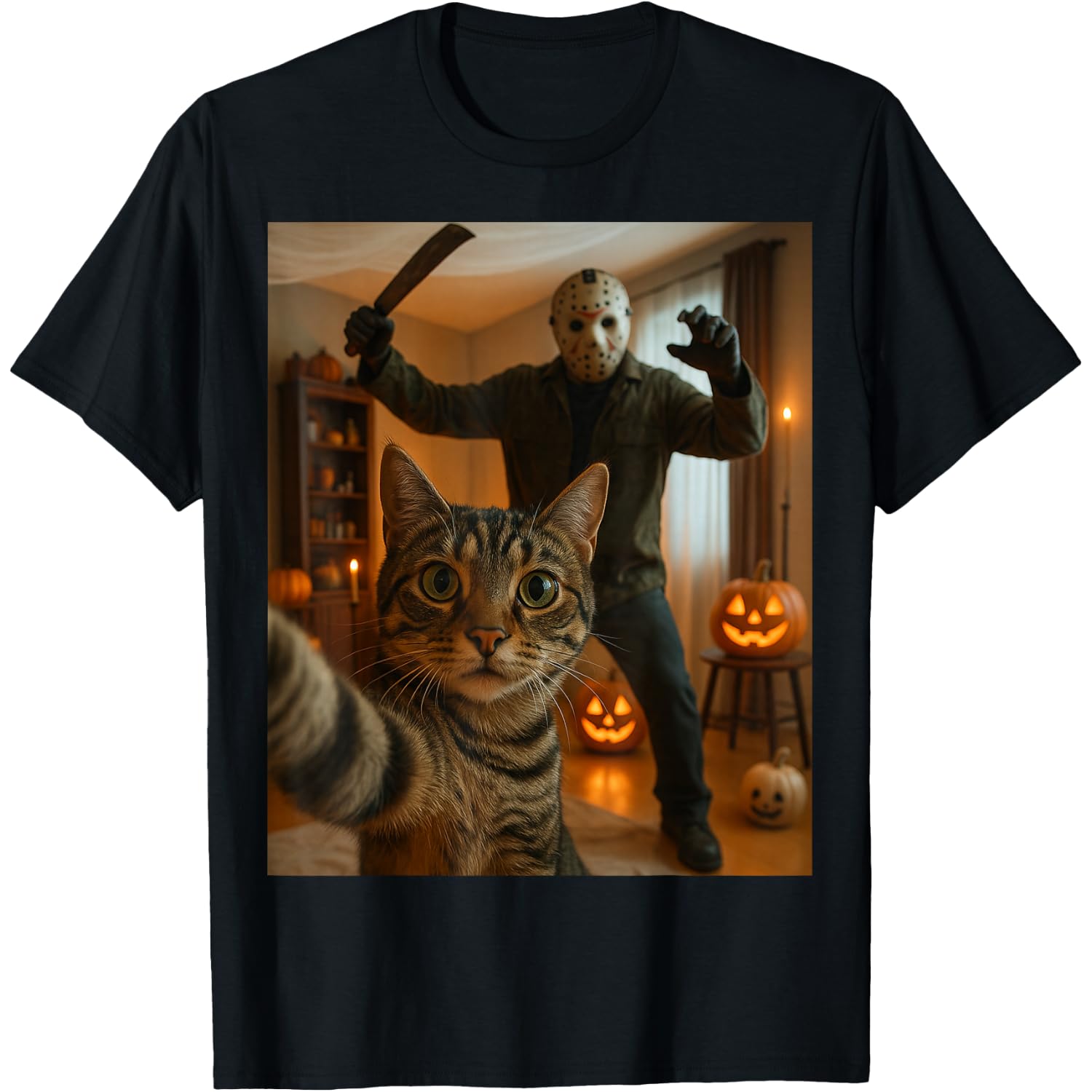 Funny Cat Selfie with Skeleton Scary Halloween Meme T-Shirt