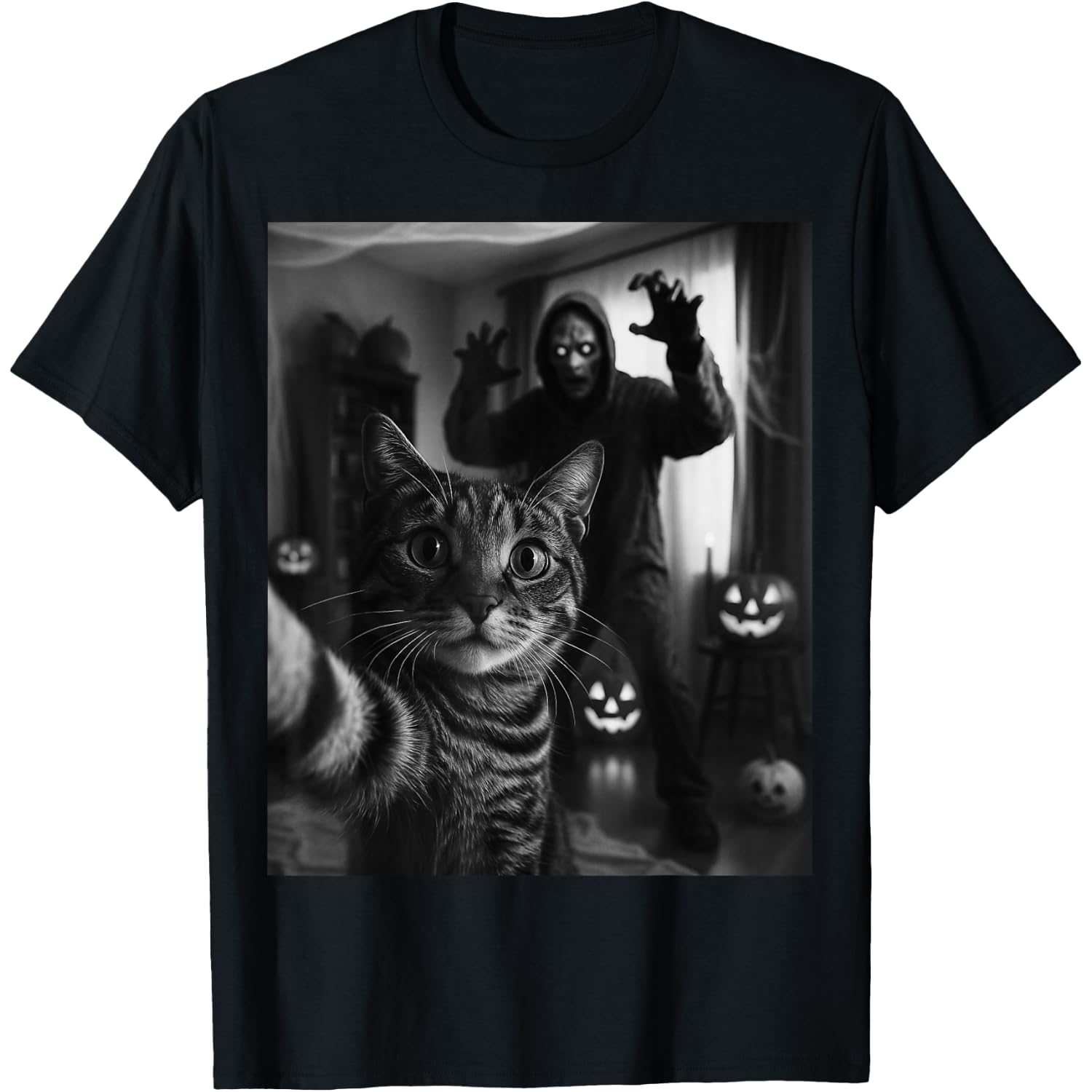 Funny Cat Selfie with Skeleton Scary Halloween Meme T-Shirt