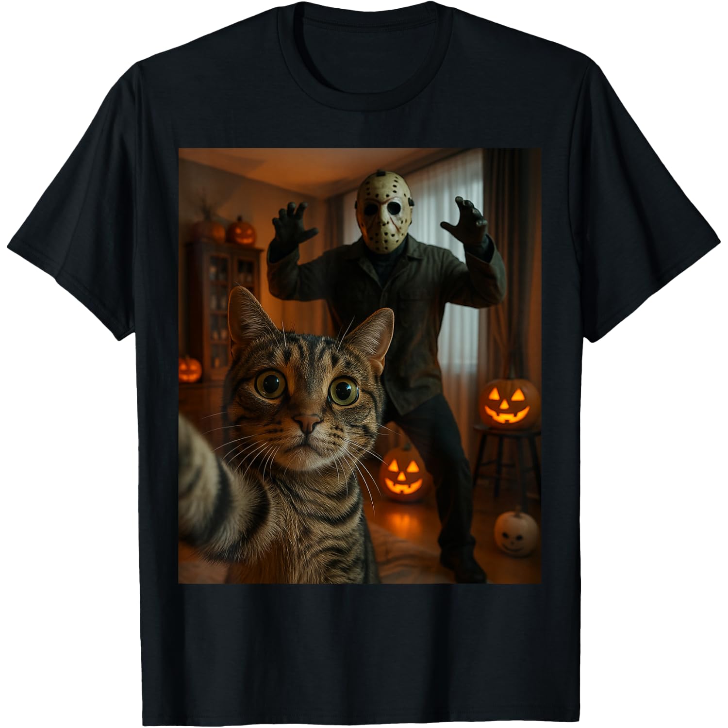 Funny Cat Selfie with Skeleton Scary Halloween Meme T-Shirt