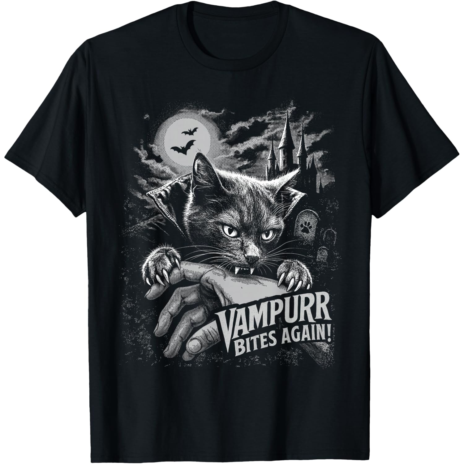 Funny Cat Vampurr Bites Again Halloween Vintage Graphic T-Shirt
