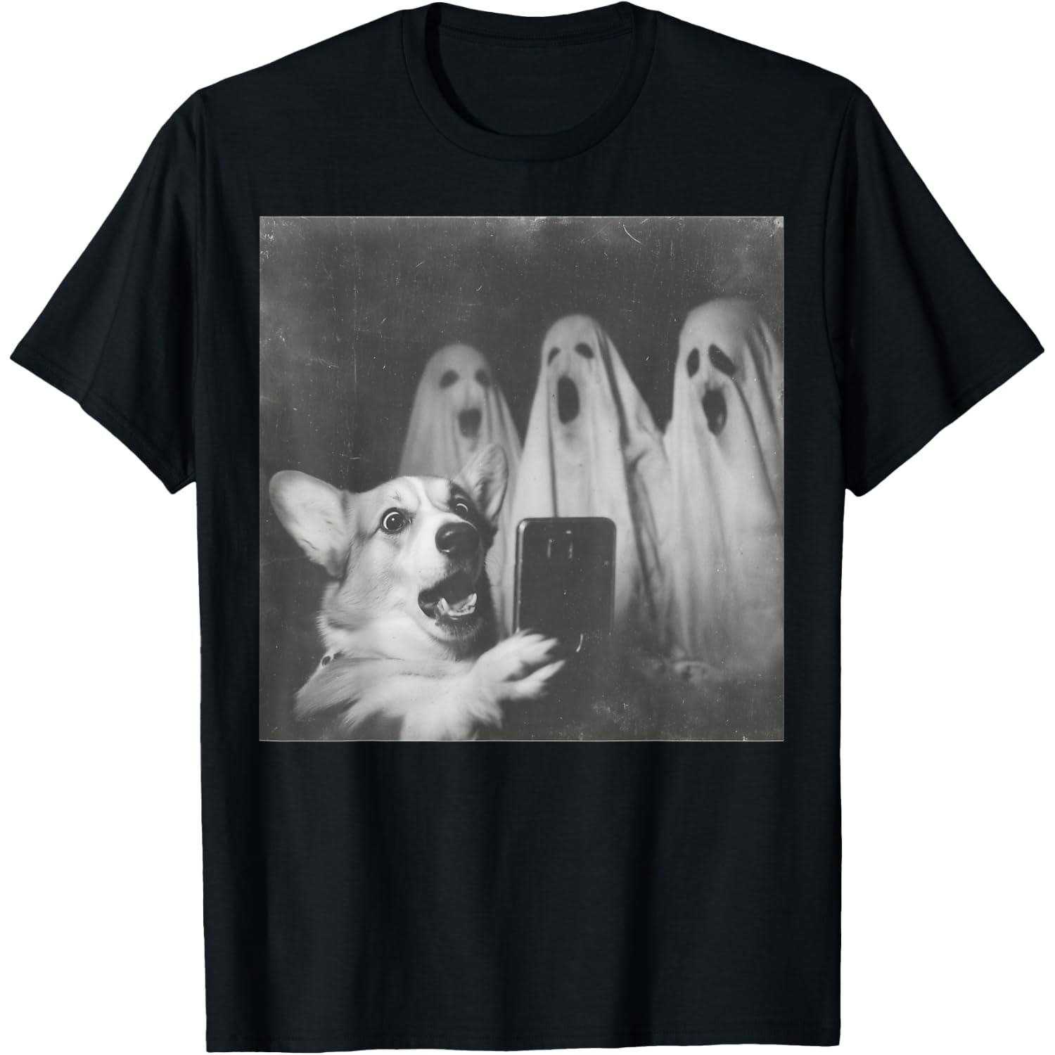 Funny Corgi Selfie with Ghosts, Retro Halloween Design T-Shirt