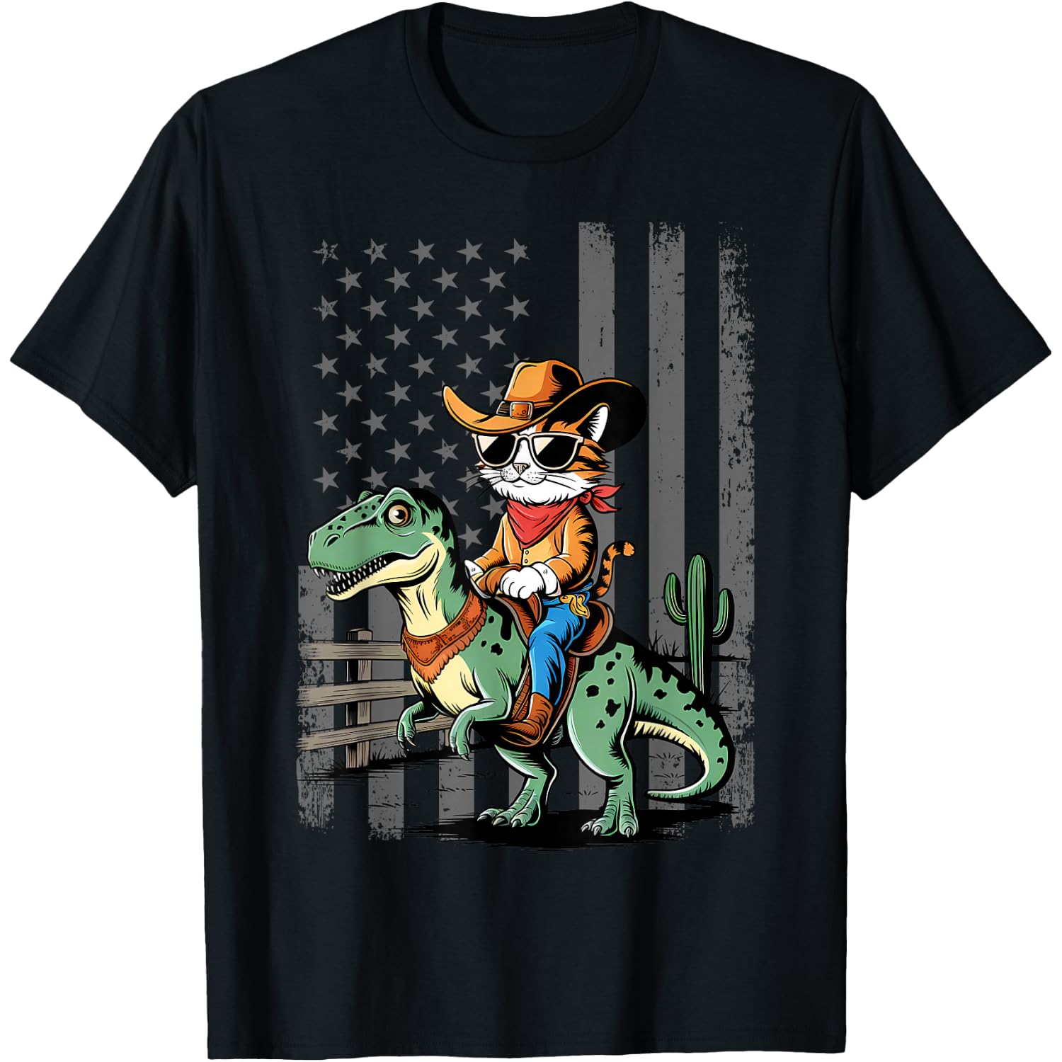 Funny Cowboy Cat Riding Dinosaur USA Flag T-Rex Christmas T-Shirt