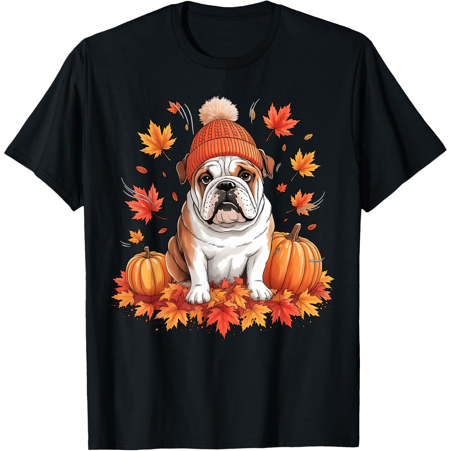 Funny English Bulldog Fall Scarf Autumn Leaves Dog Lovers T-Shirt