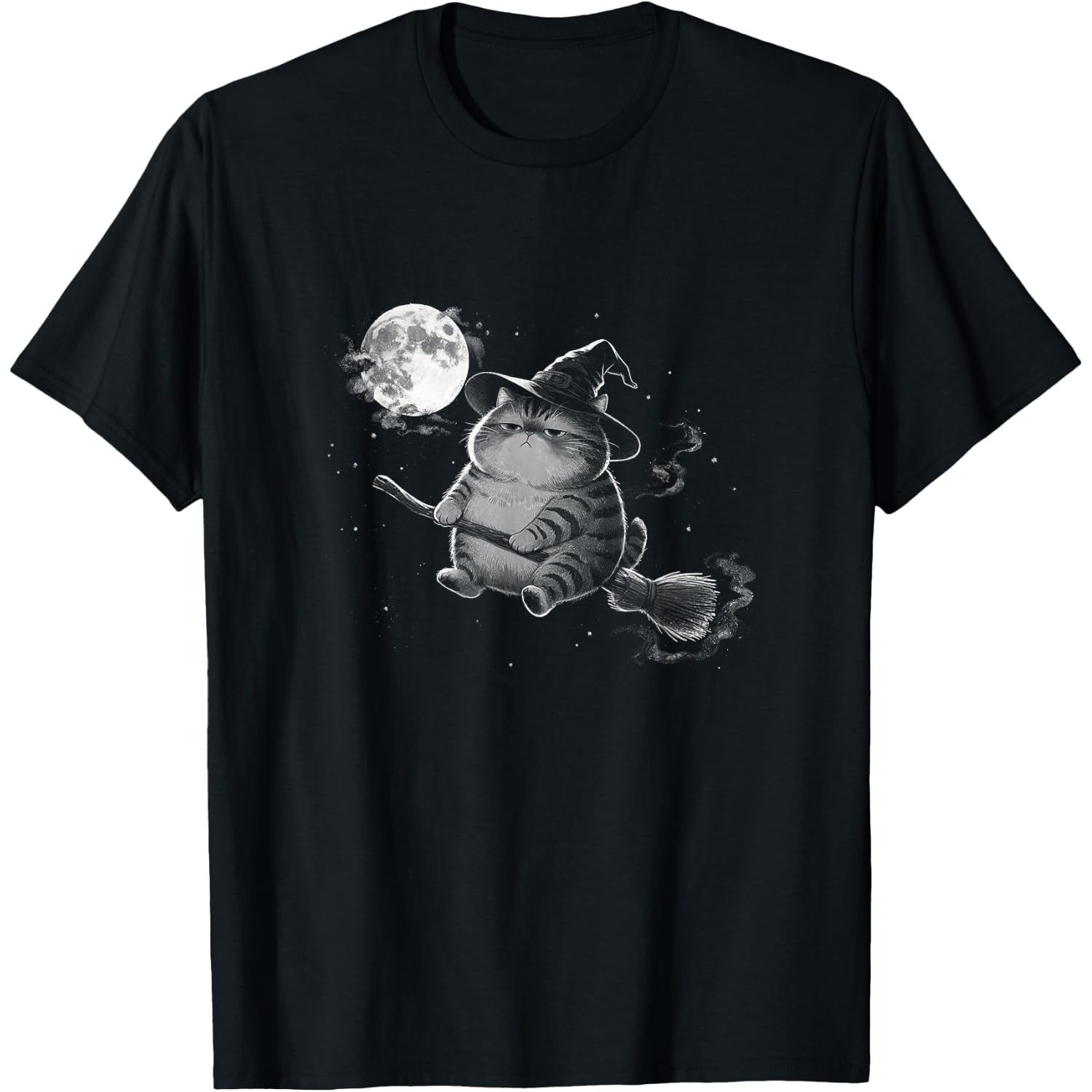 Funny Fat-Cat Witch Halloween Wizard Kitten Chonk Cat Moon T-Shirt