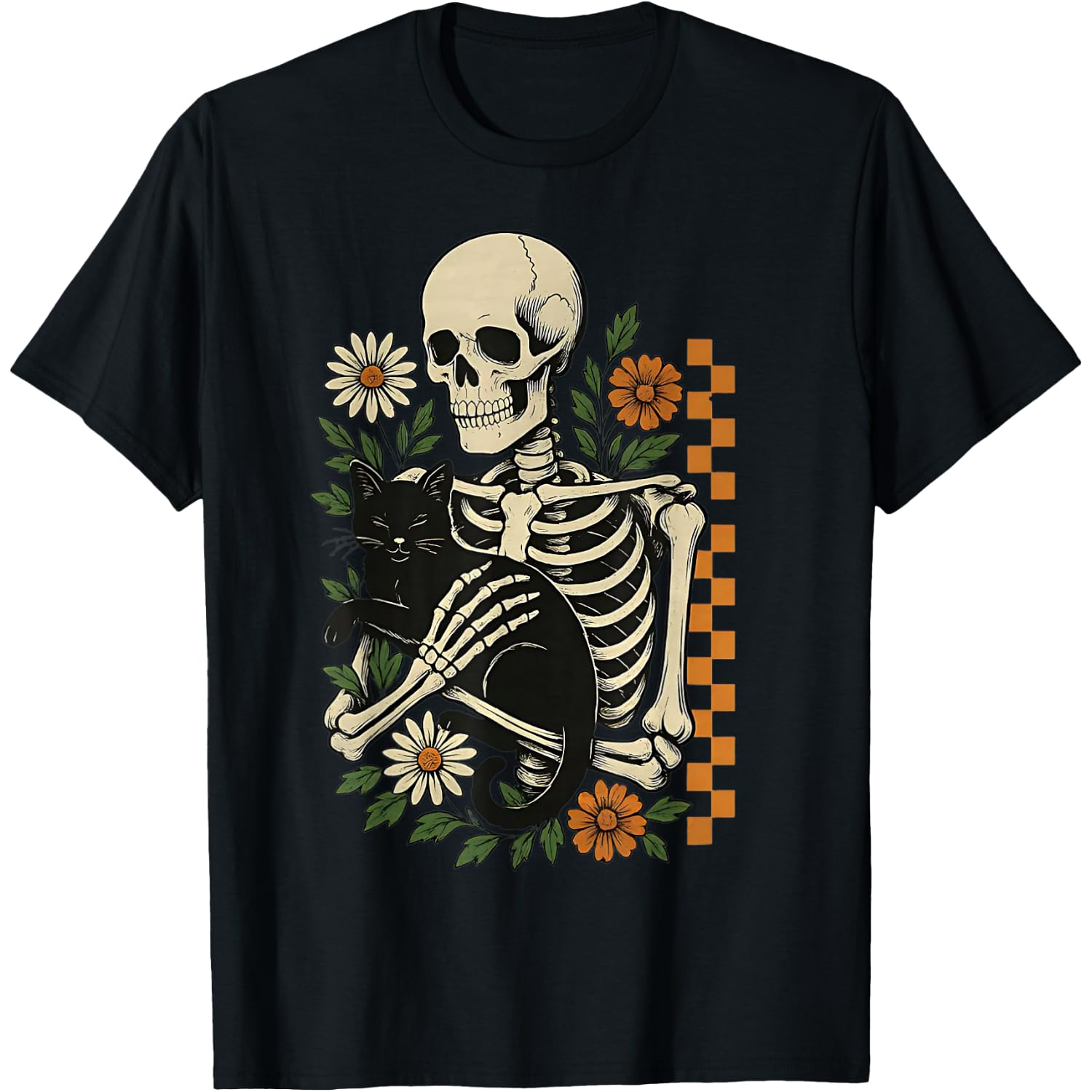 Funny Floral Skeleton Hugging Cat Halloween Cat Mom Cat Dad T-Shirt
