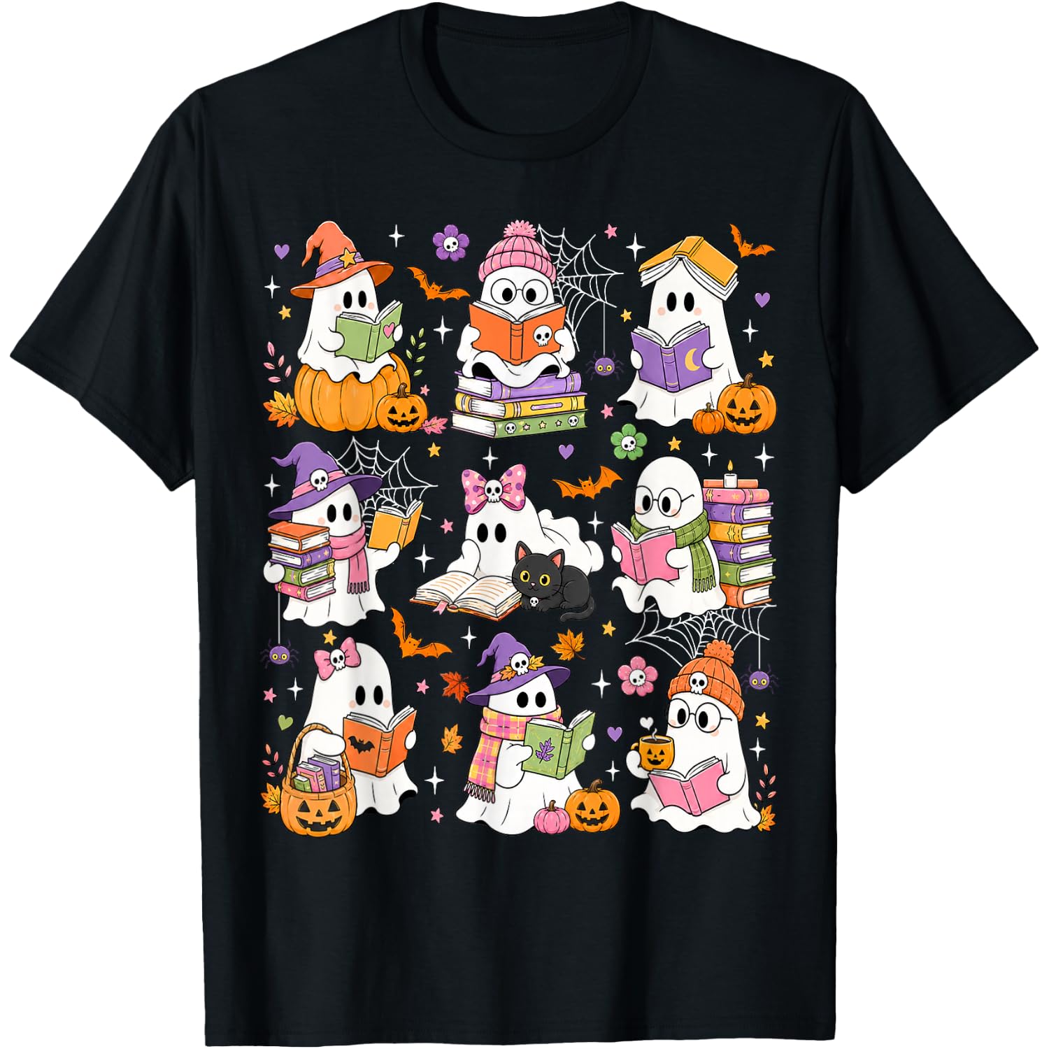 Funny Ghost Book Reading Halloween Books Lover Teacher Kids T-Shirt