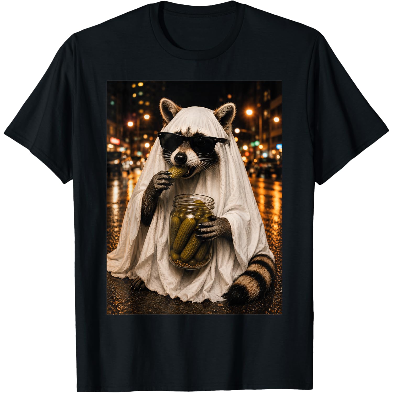 Funny Ghost Raccoon Pickle Lover Spooky Meme Halloween T-Shirt