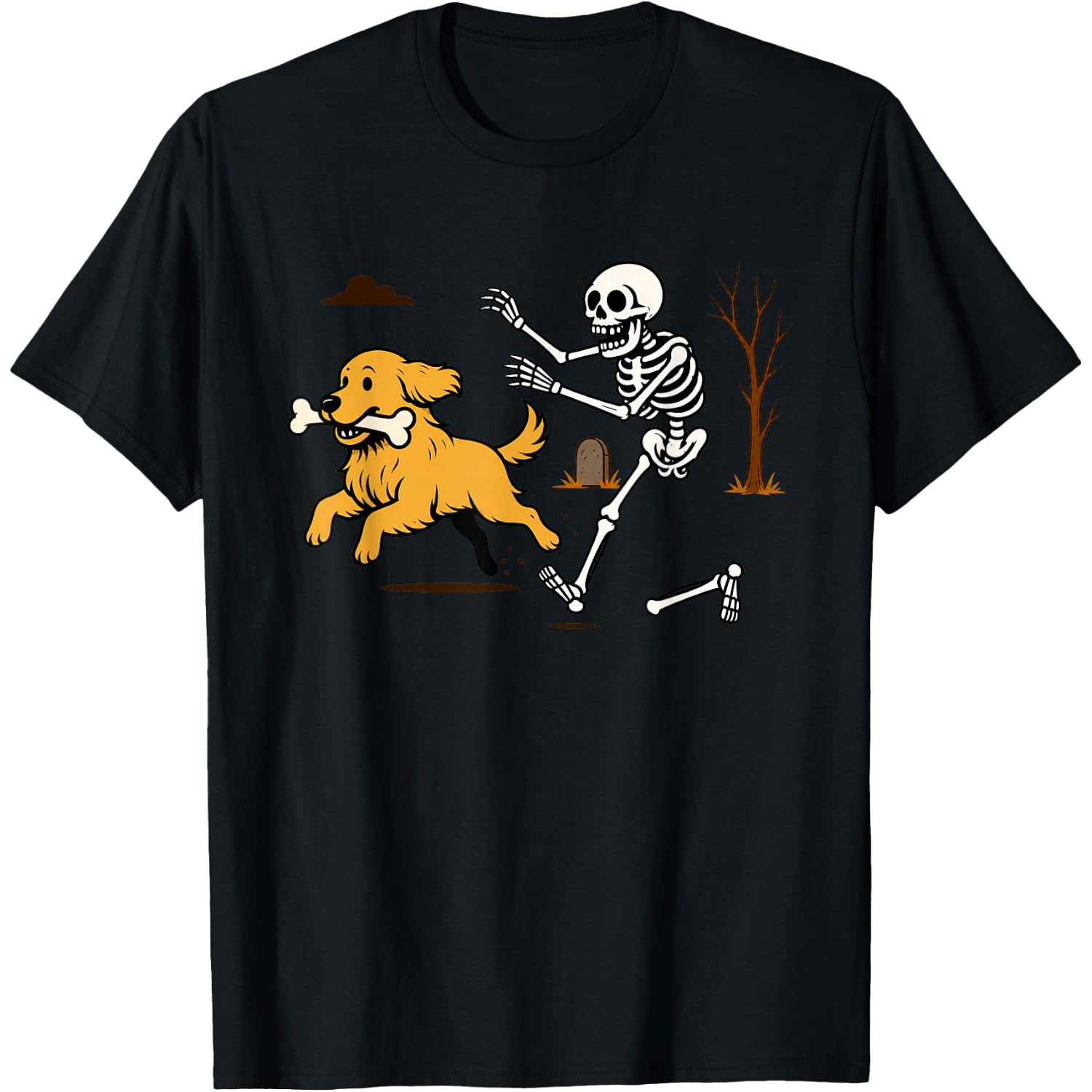 Funny Golden Retriever and Skeleton Halloween T-Shirt