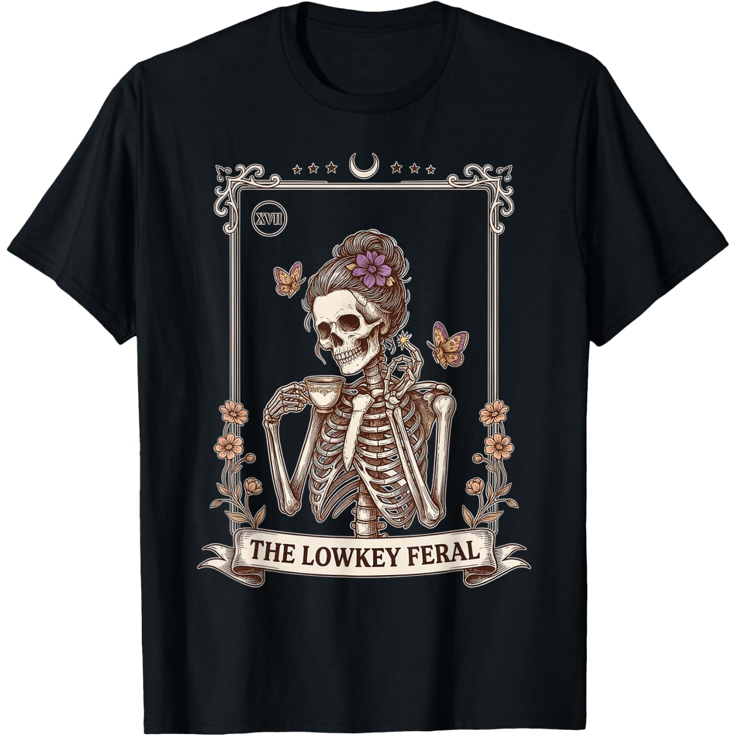 Funny Gothic Tarot Card Skeleton Coffee The Lowkey Feral T-Shirt