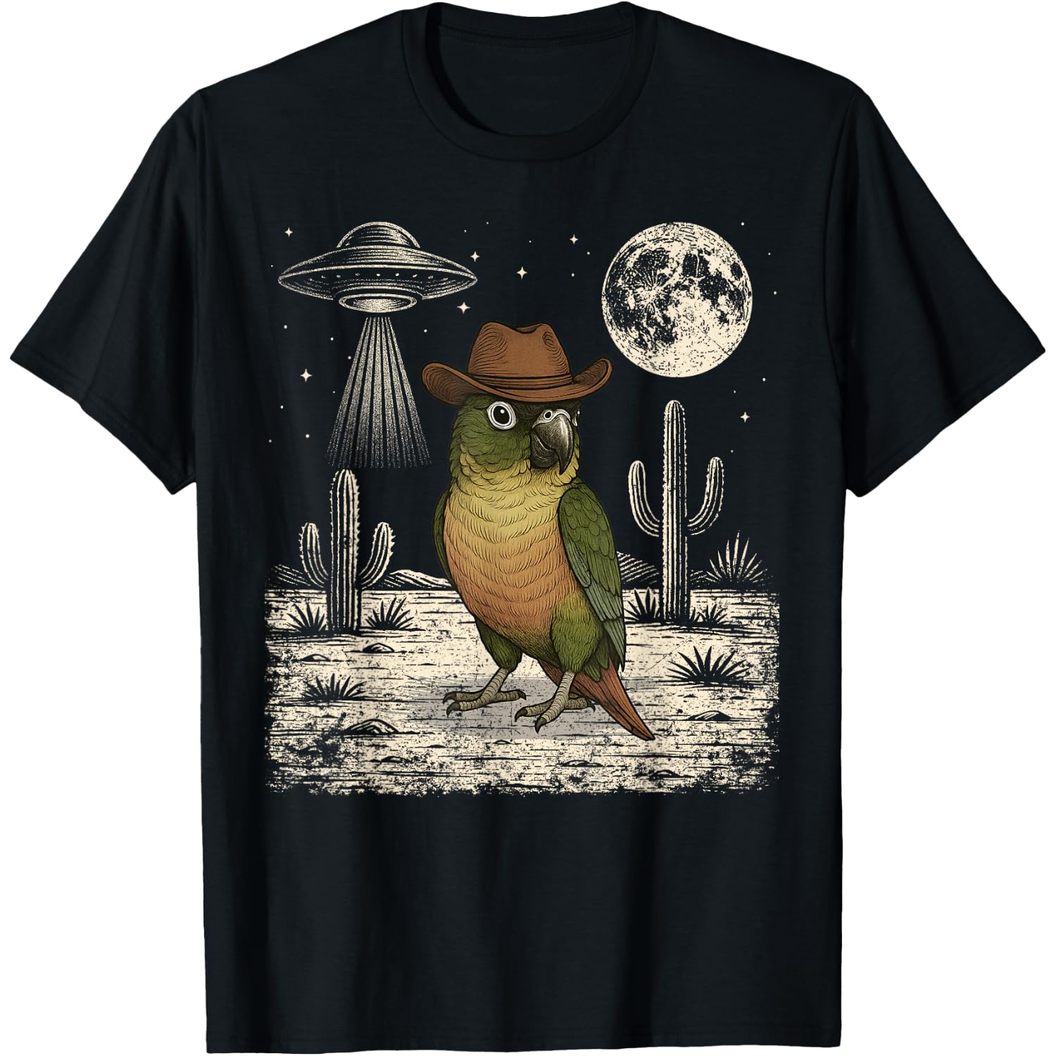Funny Green Cheek Conure Parrot Cowboy Western UFO T-Shirt