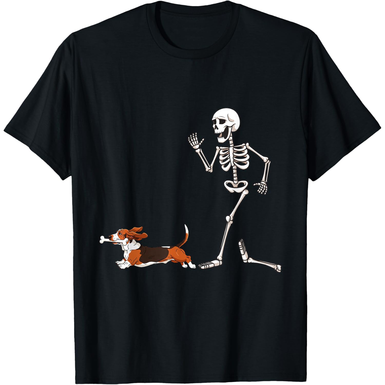 Funny Halloween Basset Hound and Skeleton T-Shirt