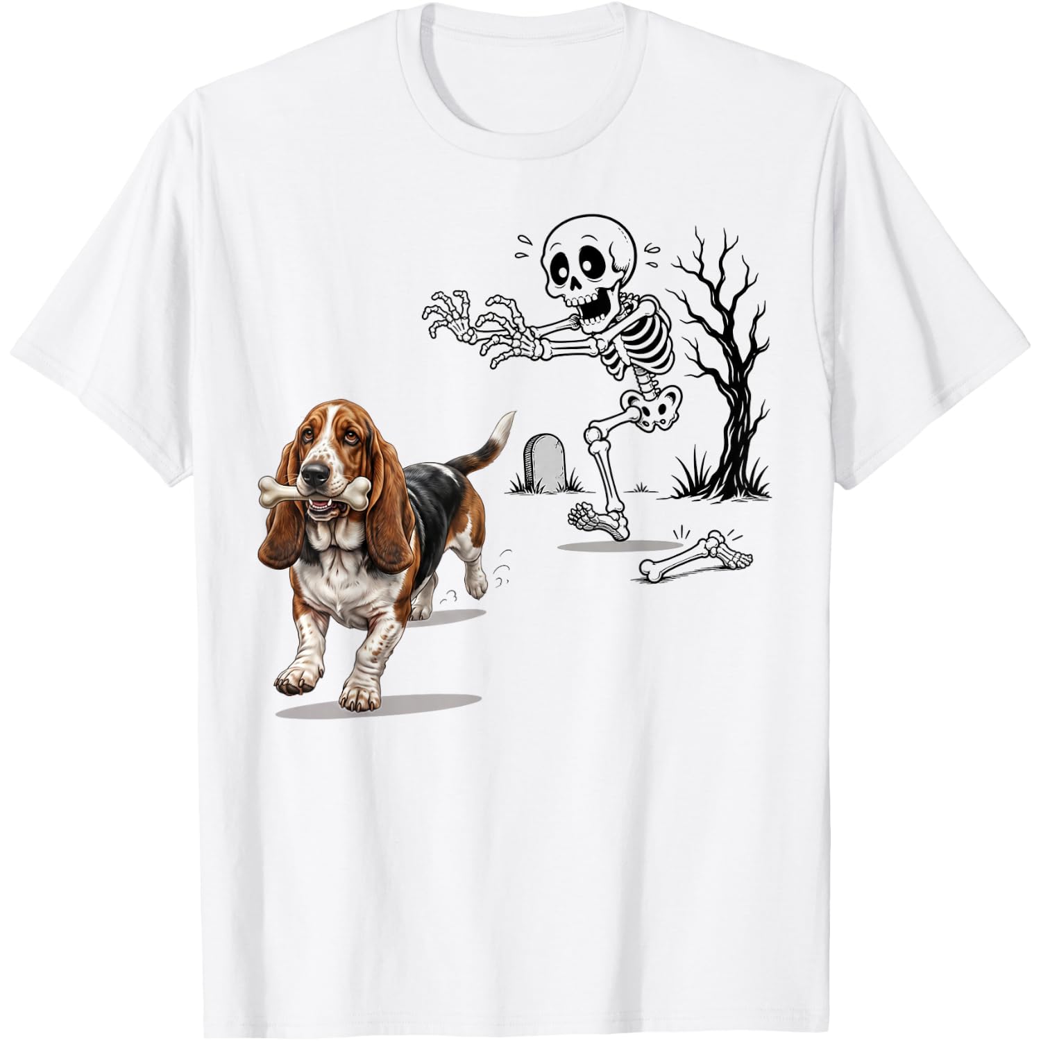 Funny Halloween Basset Hound Dog and Skeleton Animal Meme T-Shirt