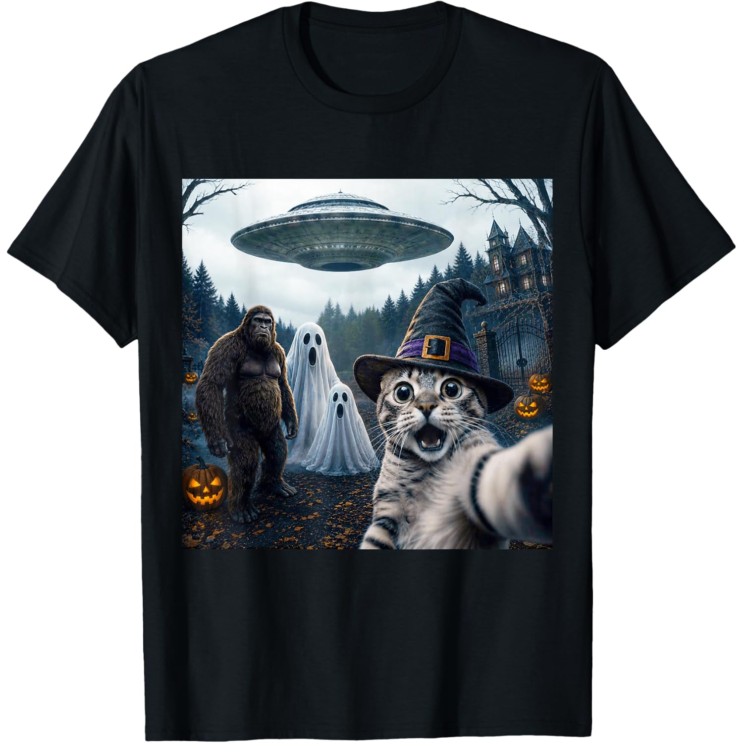 Funny Halloween Cat Selfie with Ghost Bigfoot Alien UFO T-Shirt