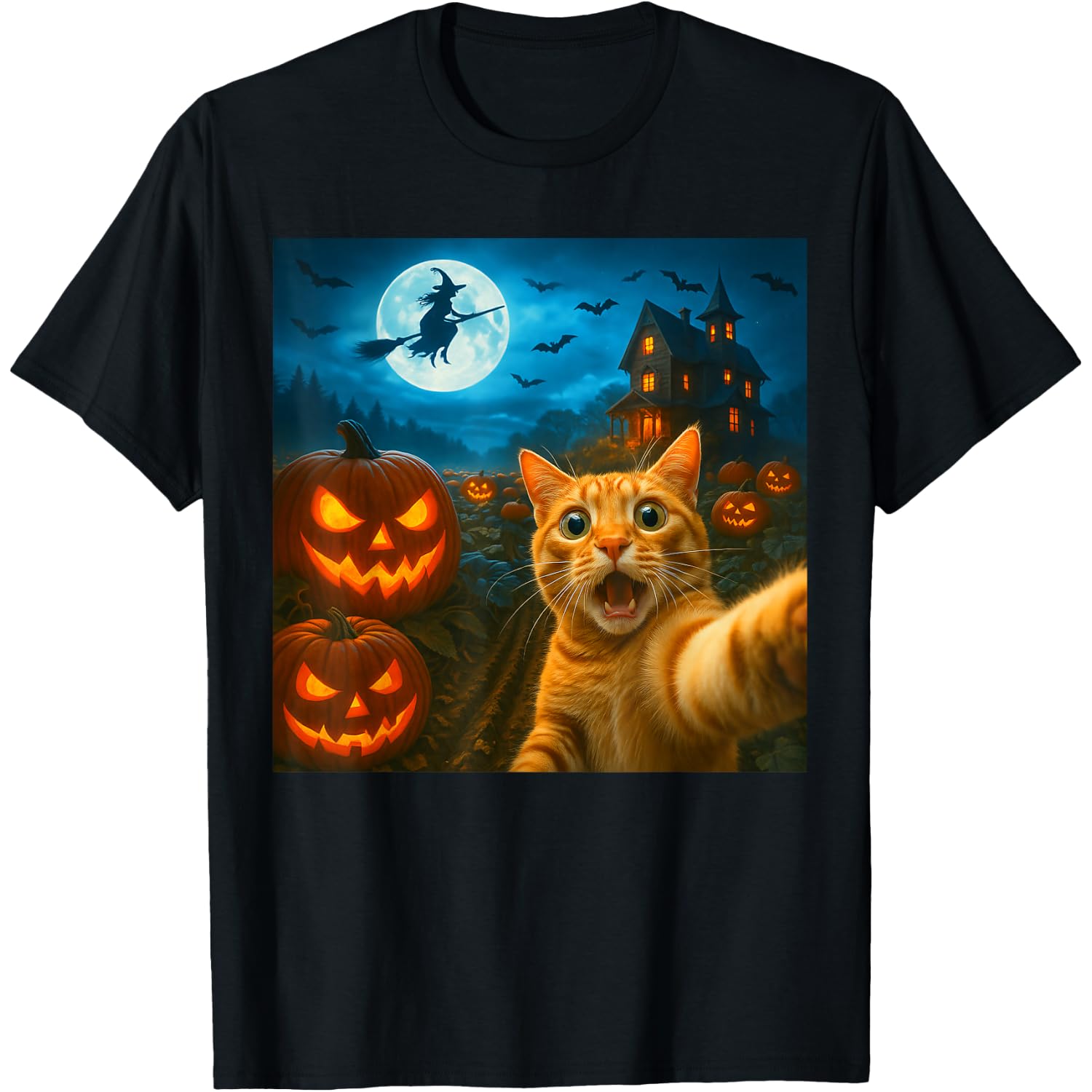 Funny Halloween Cat Selfie with Spooky Pumpkins Men Women T-Shirt