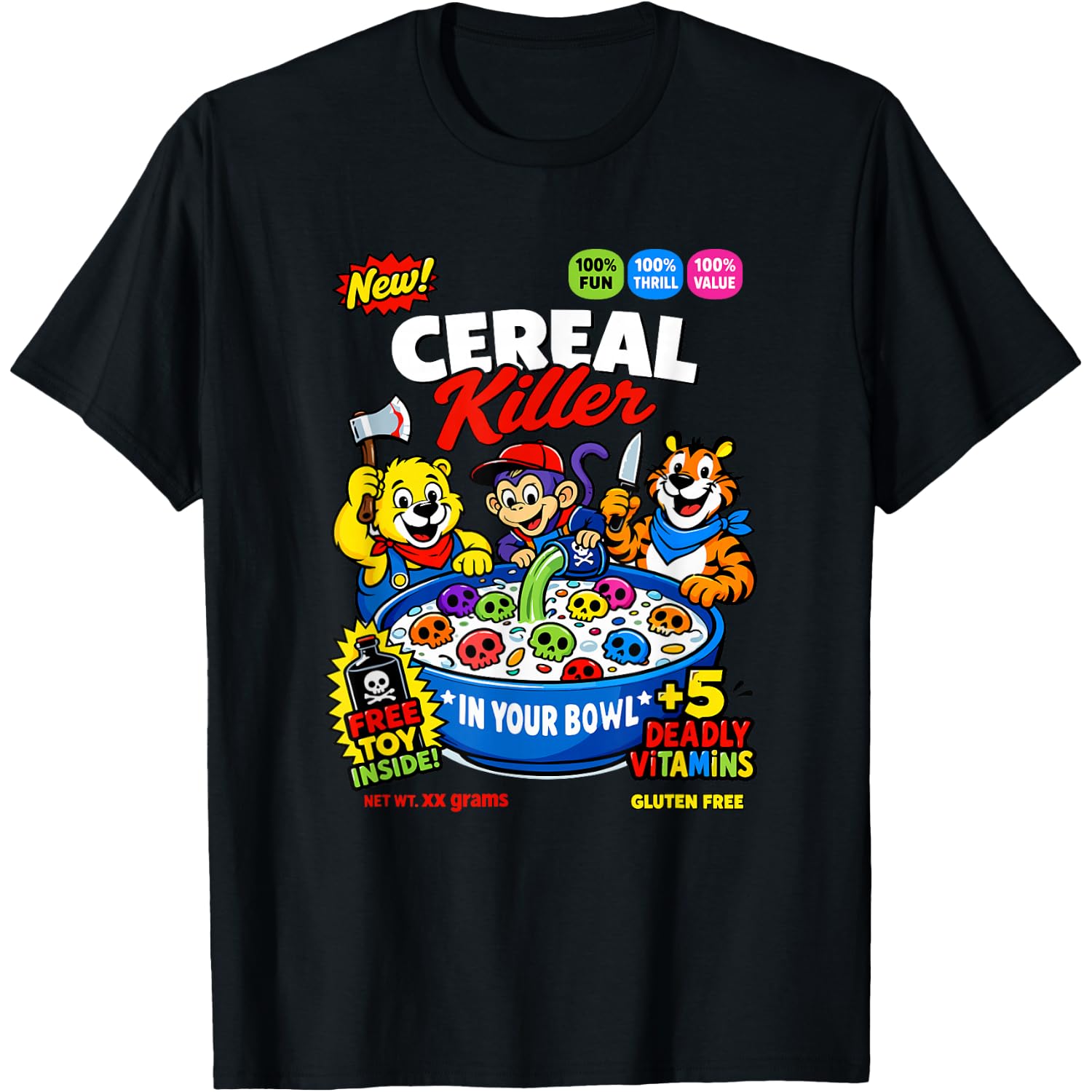 Funny Halloween Cereal Killer Skull Breakfast Cartoon Design T-Shirt