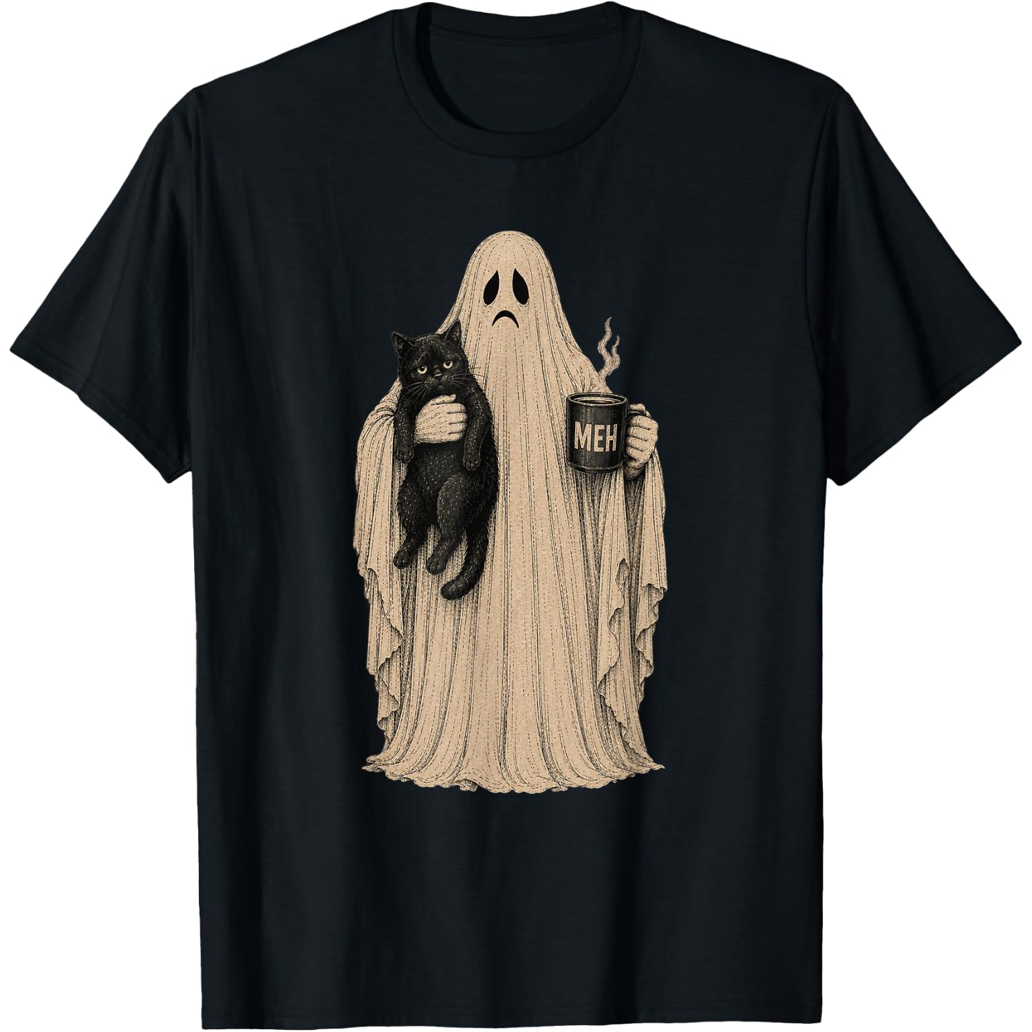 Funny Halloween Coffee Lover Spooky Ghost Holding Black Cat T-Shirt