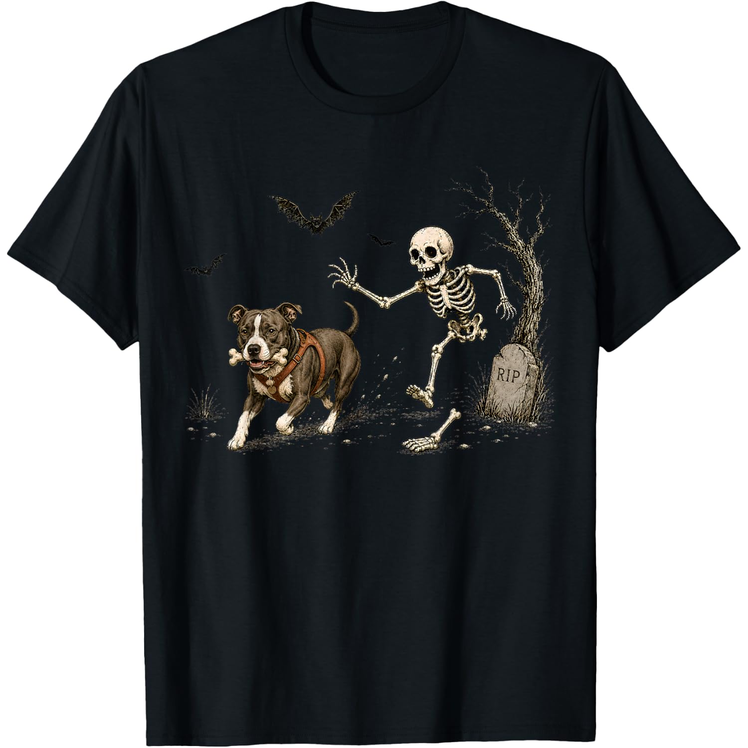 Funny Halloween Dog Steals Skeleton Bone Spooky Pet Lover T-Shirt