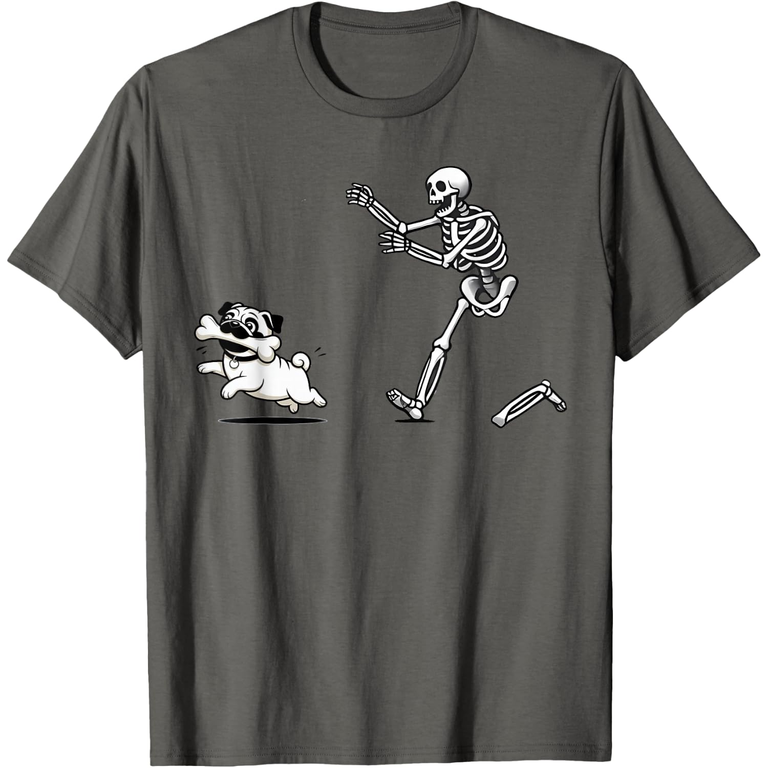 Funny Pug Dog Steals Bone from Skeleton Design T-Shirt