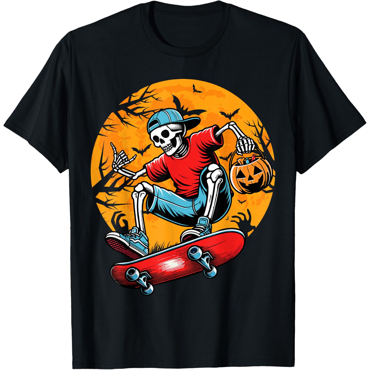 Skateboarding Skeleton Pumpkin Funny Skateboard Halloween T-Shirt