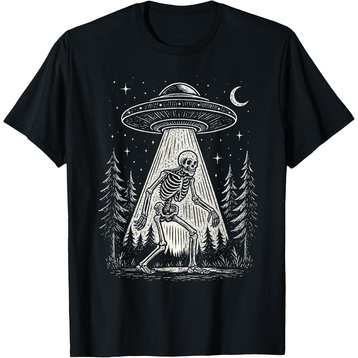Skeleton and UFO Alien Halloween T-Shirt