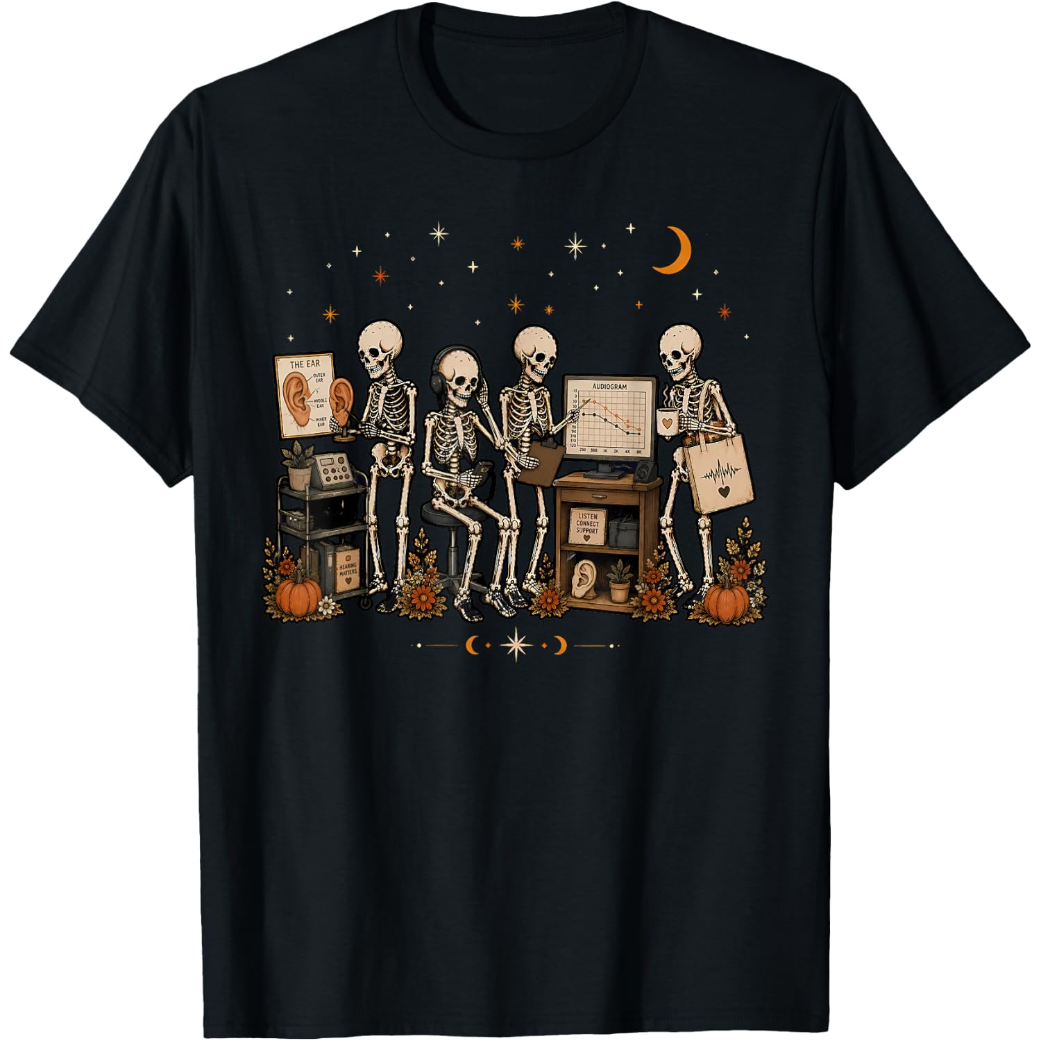 Skeleton Audiologist Ear ENT Nurse Fall Autumn Halloween T-Shirt