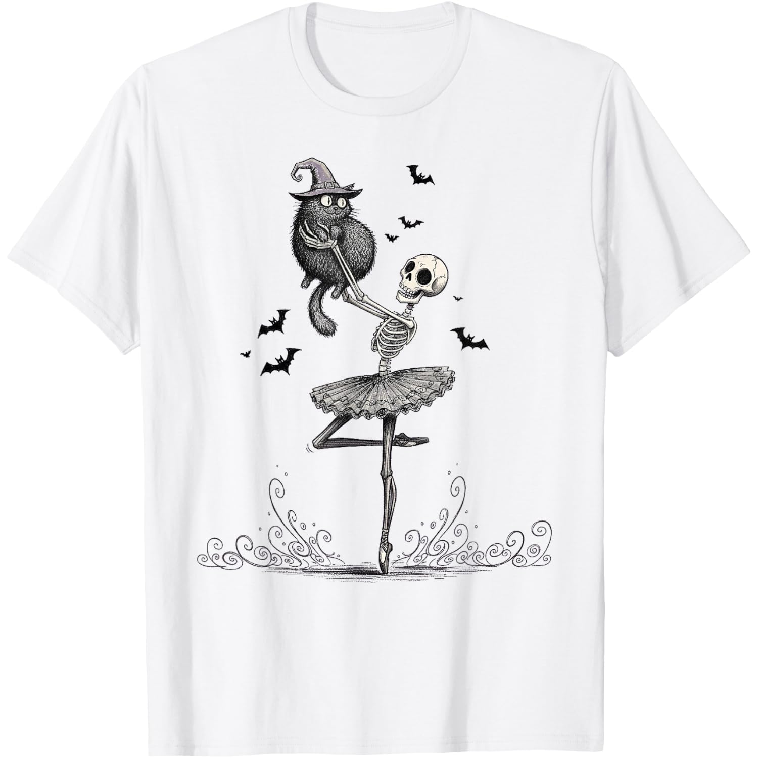 Skeleton Ballerina with Witch Cat Halloween Dance Fun T-Shirt