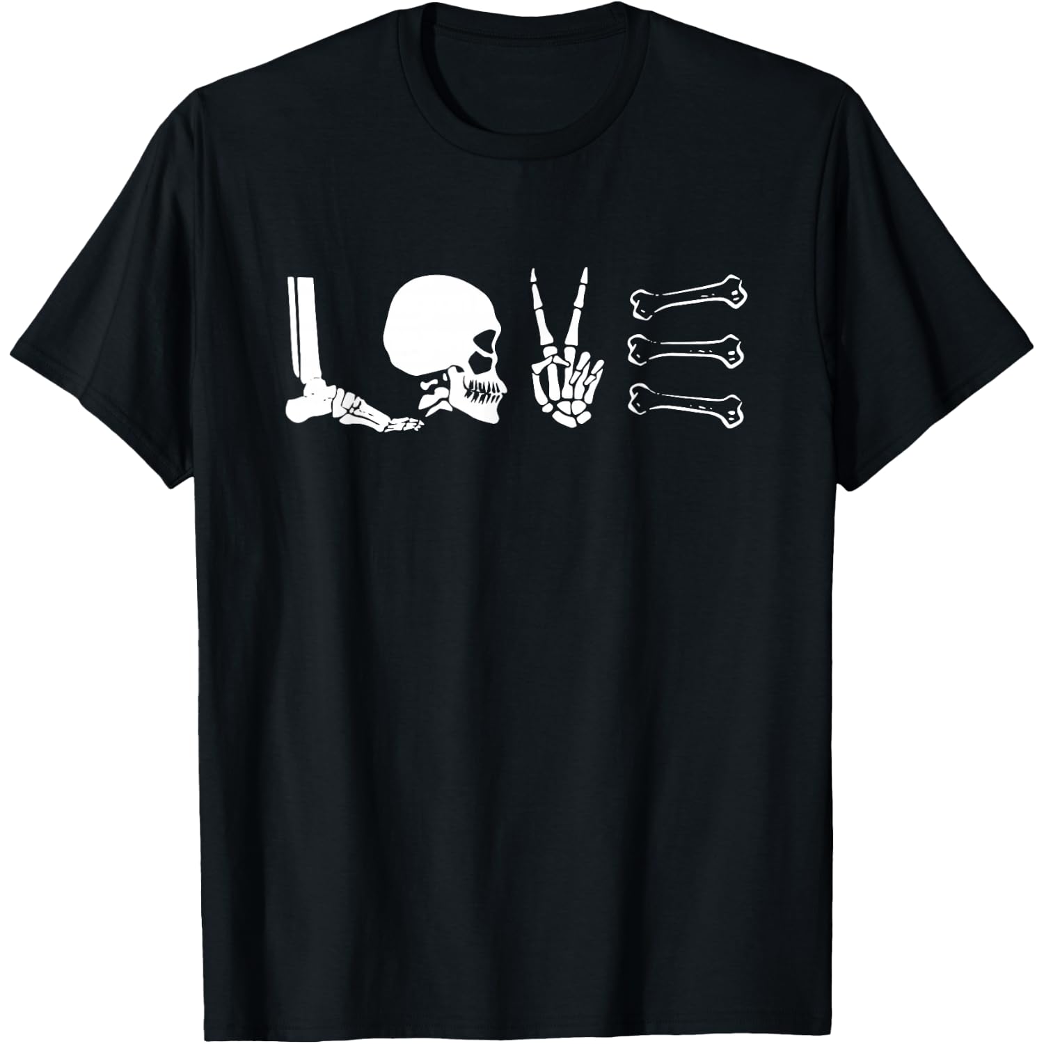 Skeleton Bones 'Love' X-Ray Skull Peace Rock Roll Love T-Shirt