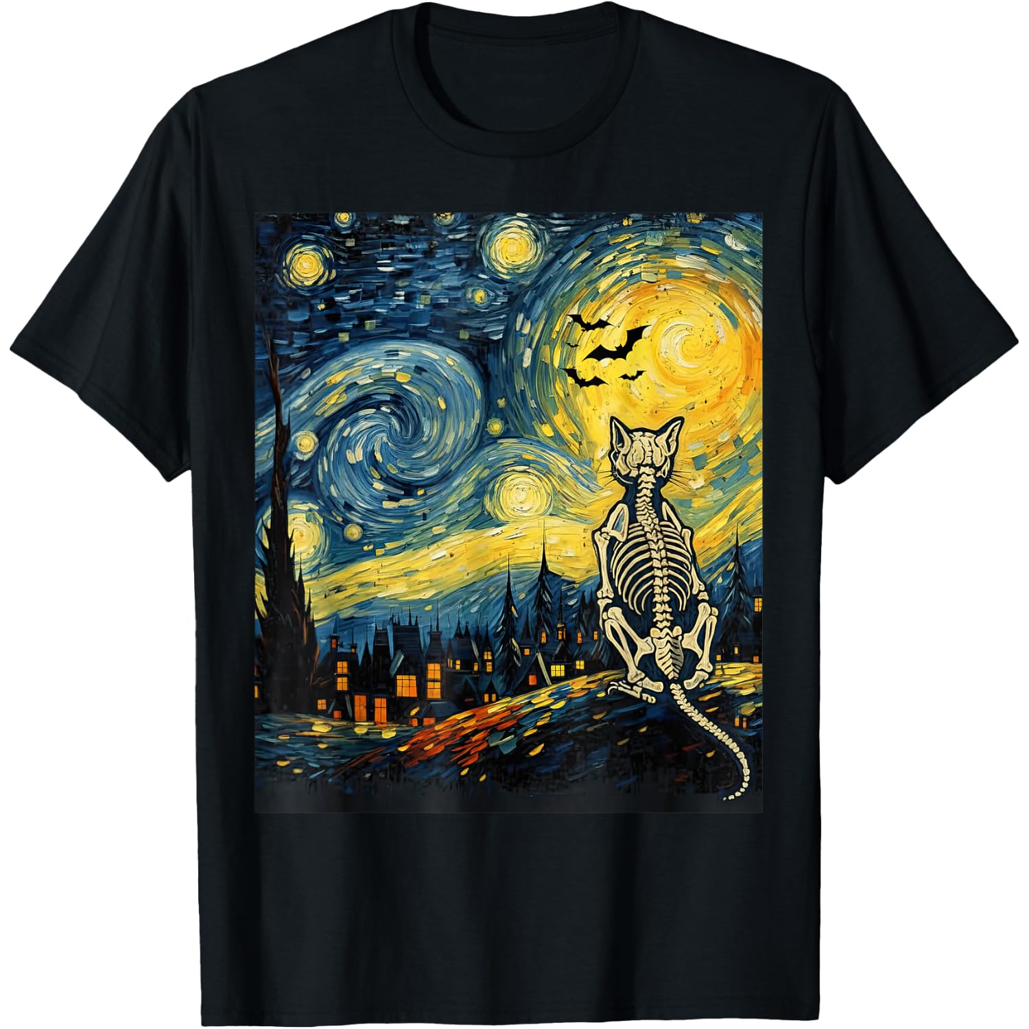 Skeleton Cat Starry Night Cat Lovers Halloween Cat Mom Dad T-Shirt