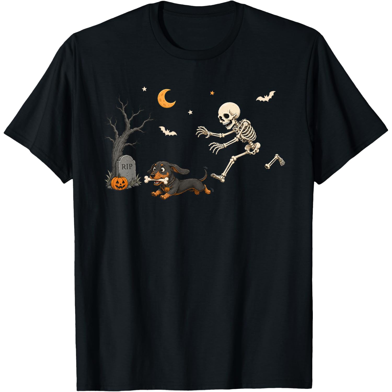 Skeleton Chasing Dachshund Dog Halloween Costume Dog Lovers T-Shirt