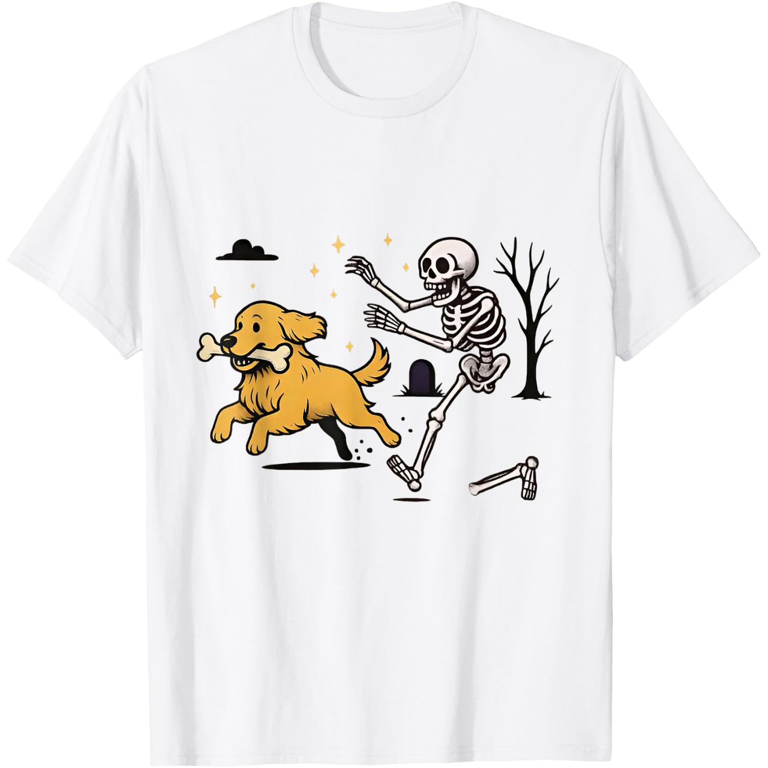 Skeleton Chasing Golden Retriever Funny Skeleton Halloween T-Shirt