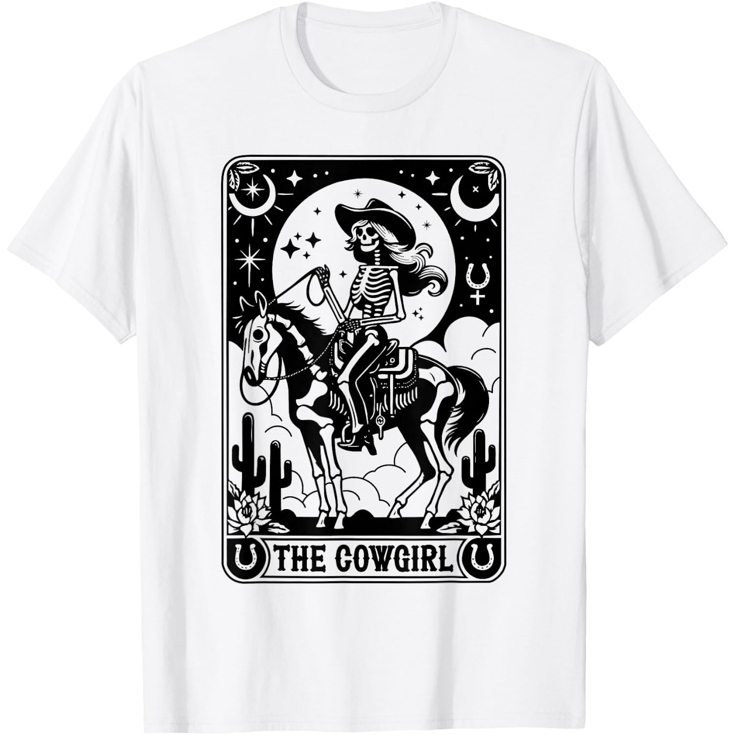 Skeleton Cowgirl Riding Horse Tarot Card Gothic Halloween T-Shirt